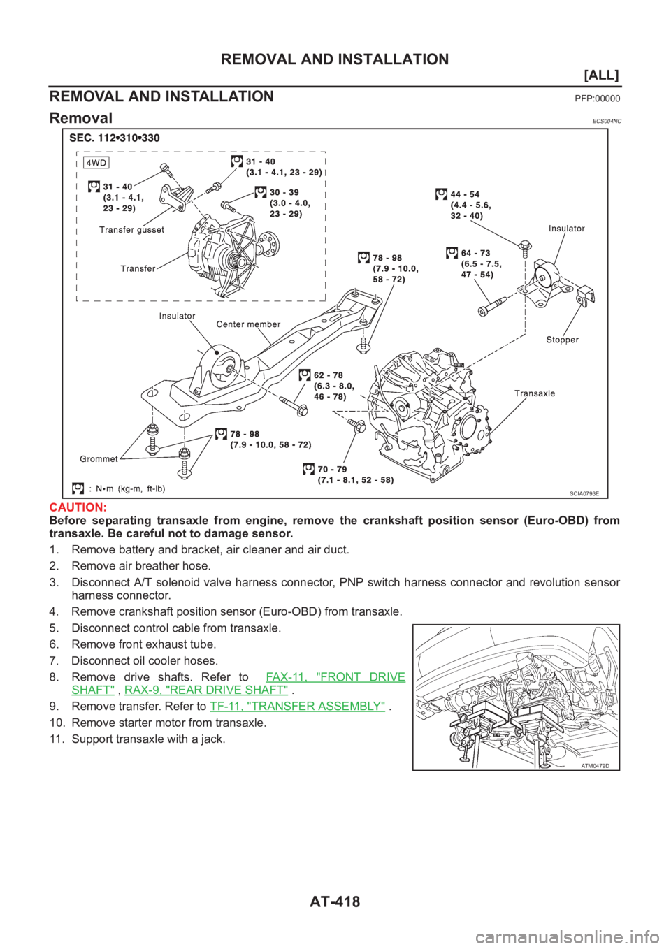 NISSAN X-TRAIL 2001  Service Repair Manual AT-418
[ALL]
REMOVAL AND INSTALLATION
REMOVAL AND INSTALLATION
PFP:00000
RemovalECS004NC
CAUTION:
Before  separating  transaxle  from  engine,  remove  the  crankshaft position  sensor  (Euro-OBD)  fr