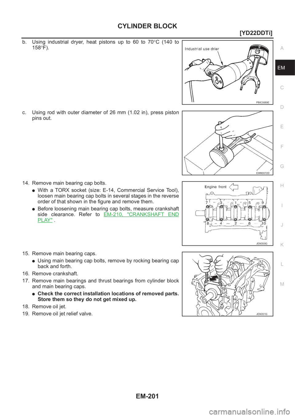 NISSAN X-TRAIL 2001  Service Repair Manual CYLINDER BLOCK
EM-201
[YD22DDTi]
C
D
E
F
G
H
I
J
K
L
MA
EM
b. Using  industrial  dryer,  heat  pistons  up  to  60  to  70°C  (140  to
158°F).
c. Using  rod  with  outer  diameter  of  26  mm  (1.02