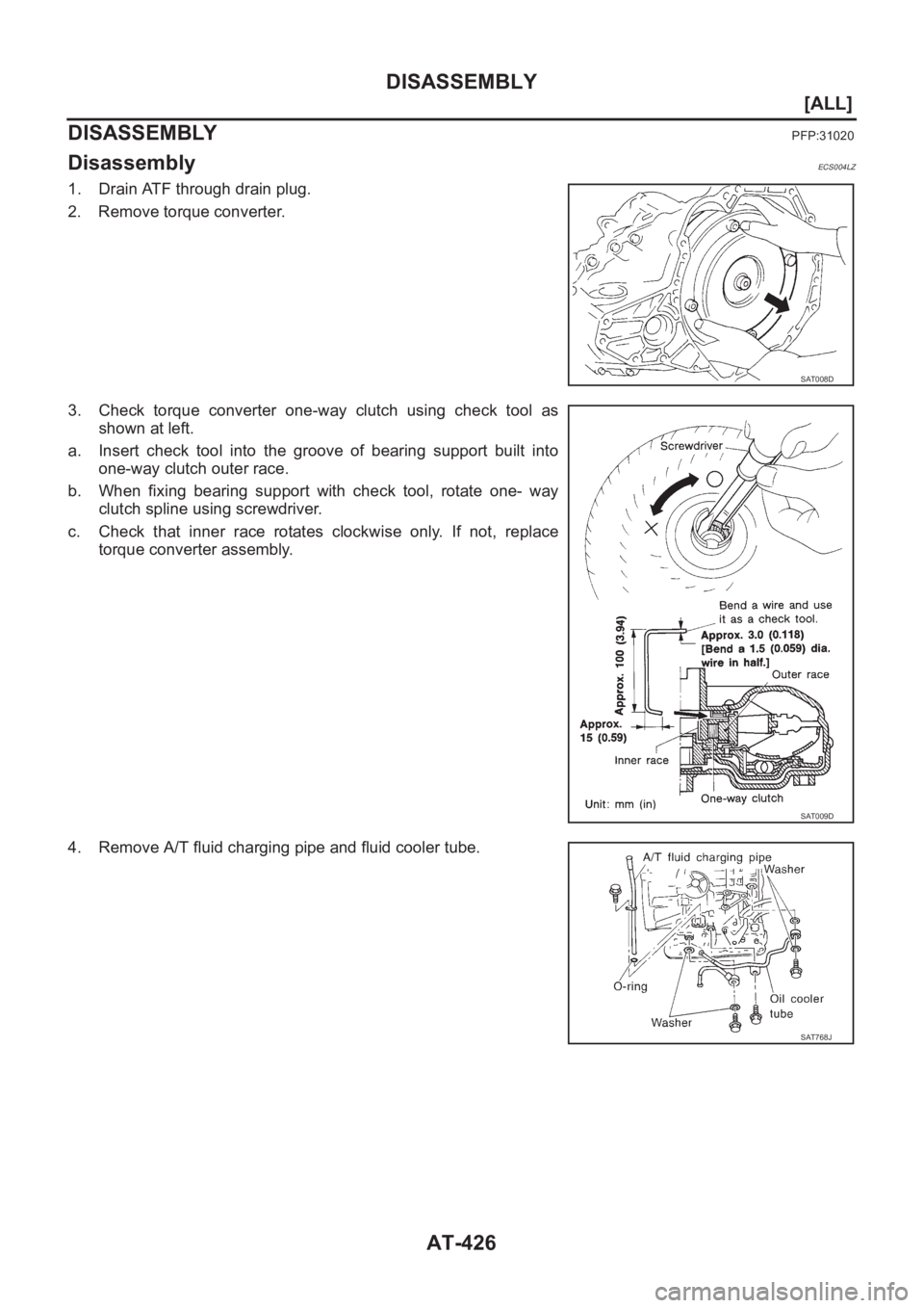 NISSAN X-TRAIL 2001  Service Repair Manual AT-426
[ALL]
DISASSEMBLY
DISASSEMBLY
PFP:31020
DisassemblyECS004LZ
1. Drain ATF through drain plug.
2. Remove torque converter.
3. Check  torque  converter  one-way  clutch  using  check  tool  as
sho