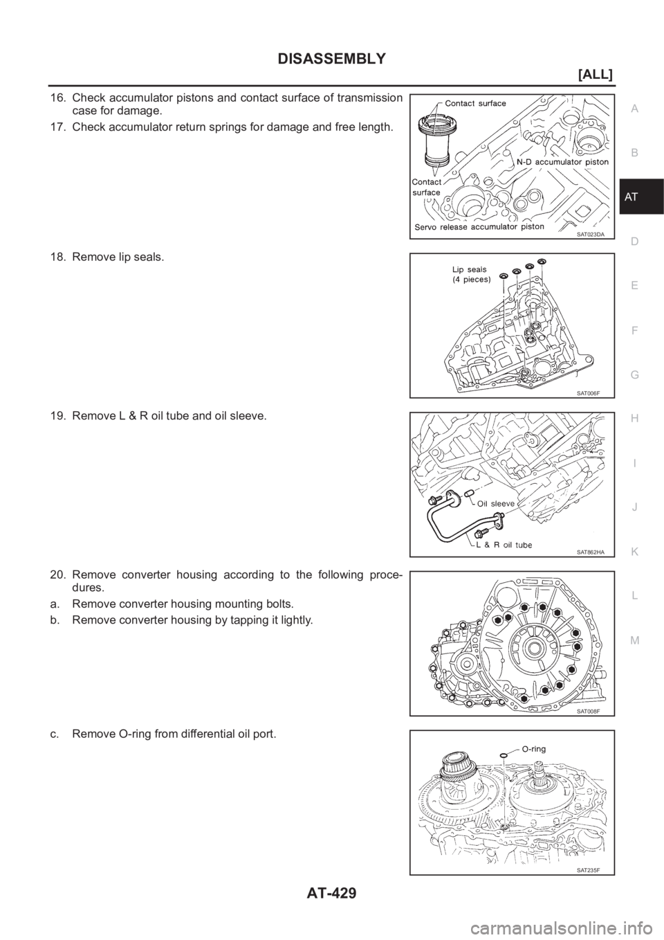 NISSAN X-TRAIL 2001  Service Repair Manual DISASSEMBLY
AT-429
[ALL]
D
E
F
G
H
I
J
K
L
MA
B
AT
16. Check accumulator pistons and contact surface of transmission
case for damage.
17. Check accumulator return springs for damage and free length.
1