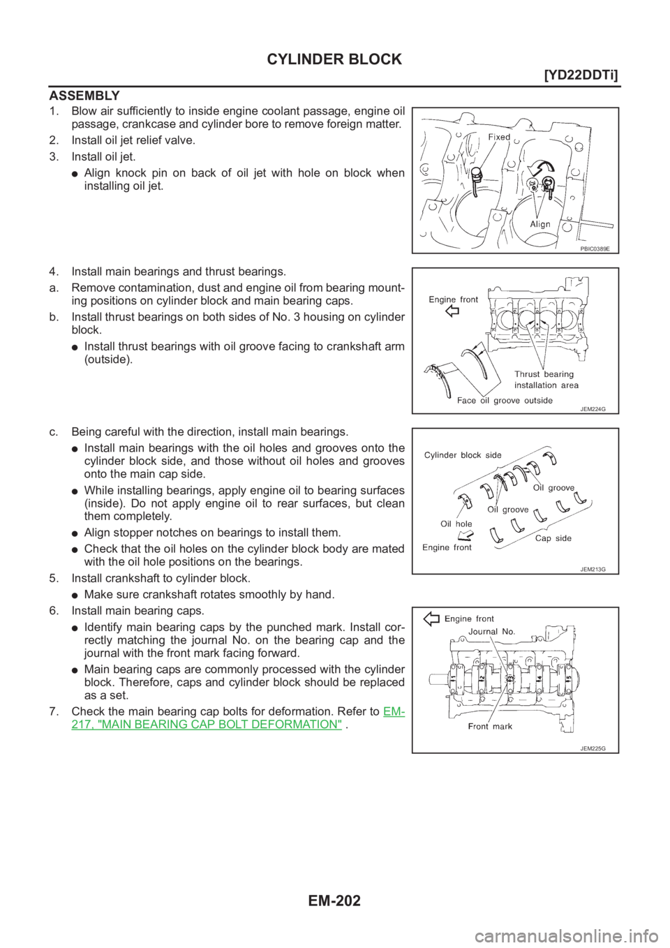 NISSAN X-TRAIL 2001  Service Repair Manual EM-202
[YD22DDTi]
CYLINDER BLOCK
ASSEMBLY
1. Blow air sufficiently to inside engine coolant passage, engine oil
passage, crankcase and cylinder bore to remove foreign matter. 
2. Install oil jet relie