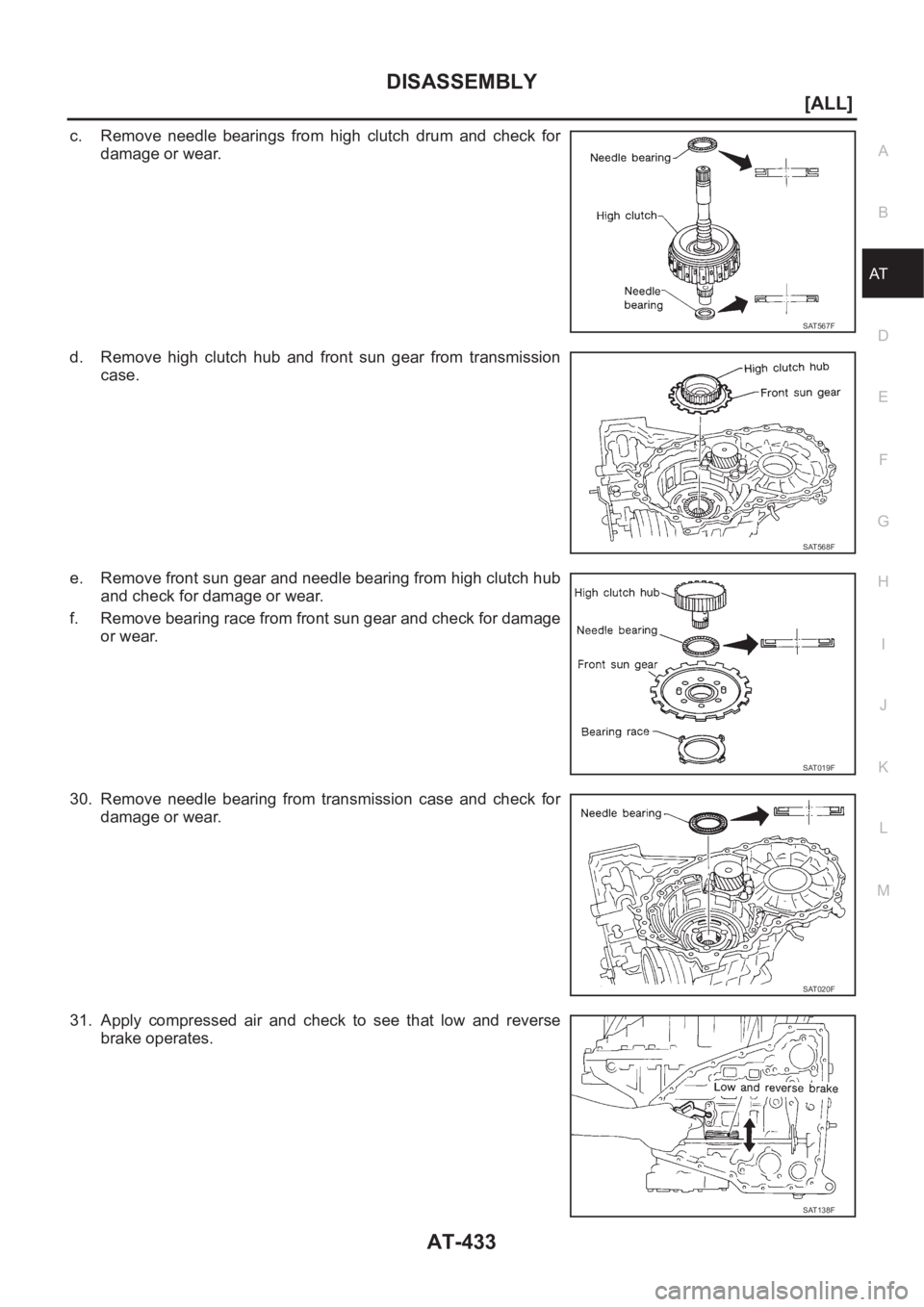 NISSAN X-TRAIL 2001  Service Repair Manual DISASSEMBLY
AT-433
[ALL]
D
E
F
G
H
I
J
K
L
MA
B
AT
c. Remove  needle  bearings  from  high  clutch  drum  and  check  for
damage or wear.
d. Remove high clutch hub and front sun gear from transmission
