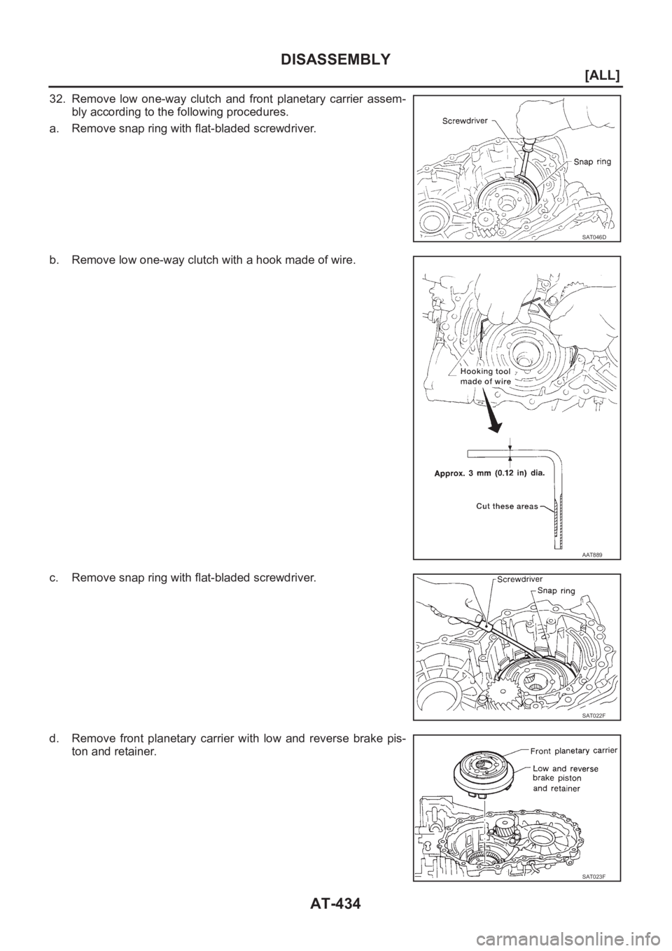 NISSAN X-TRAIL 2001  Service Repair Manual AT-434
[ALL]
DISASSEMBLY
32. Remove  low  one-way  clutch  and  front  planetary  carrier  assem-
bly according to the following procedures.
a. Remove snap ring with flat-bladed screwdriver.
b. Remove