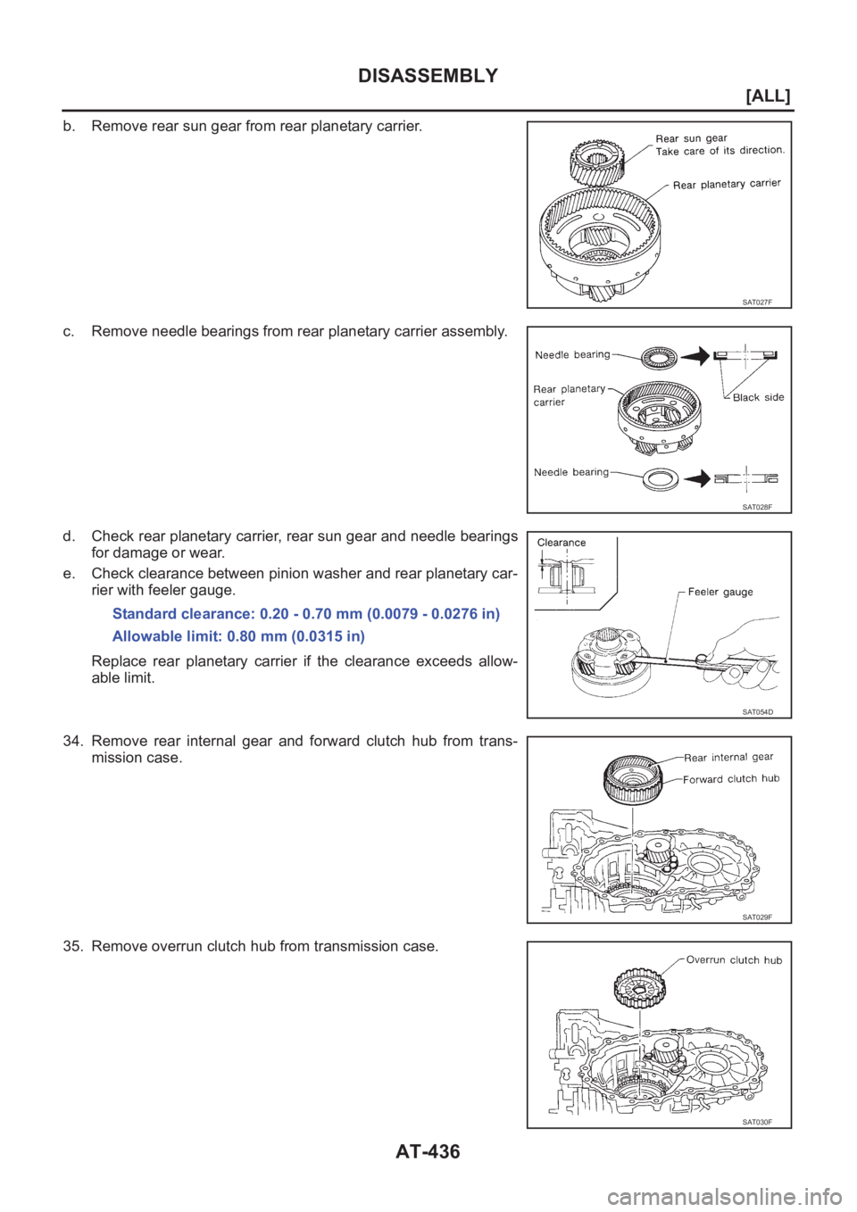 NISSAN X-TRAIL 2001  Service Repair Manual AT-436
[ALL]
DISASSEMBLY
b. Remove rear sun gear from rear planetary carrier.
c. Remove needle bearings from rear planetary carrier assembly.
d. Check rear planetary carrier, rear sun gear and needle 