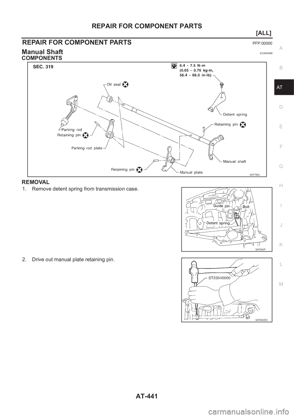 NISSAN X-TRAIL 2001  Service Repair Manual REPAIR FOR COMPONENT PARTS
AT-441
[ALL]
D
E
F
G
H
I
J
K
L
MA
B
AT
REPAIR FOR COMPONENT PARTSPFP:00000
Manual ShaftECS004M0
COMPONENTS
REMOVAL
1. Remove detent spring from transmission case.
2. Drive o