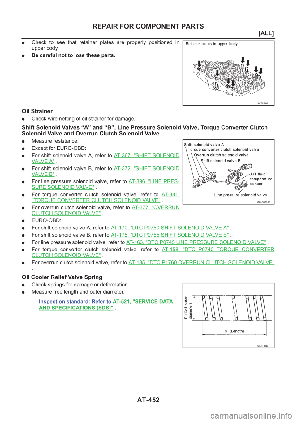 NISSAN X-TRAIL 2001  Service Repair Manual AT-452
[ALL]
REPAIR FOR COMPONENT PARTS
●Check  to  see  that  retainer  plates  are  properly  positioned  in
upper body.
●Be careful not to lose these parts.
Oil Strainer
●Check wire netting o