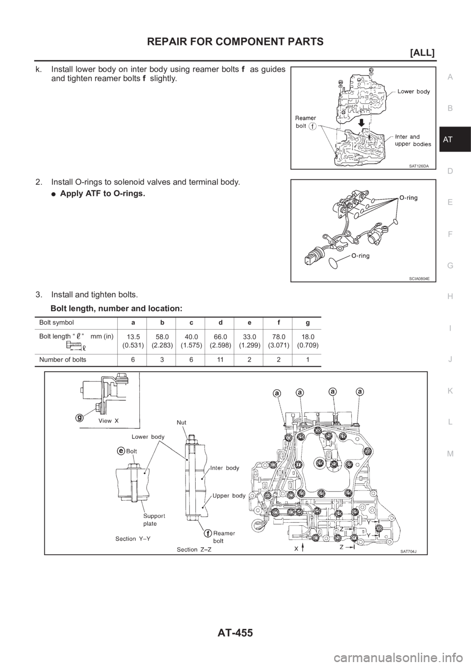 NISSAN X-TRAIL 2001  Service Repair Manual REPAIR FOR COMPONENT PARTS
AT-455
[ALL]
D
E
F
G
H
I
J
K
L
MA
B
AT
k. Install lower body on inter body using reamer bolts f  as guides
and tighten reamer bolts f  slightly.
2. Install O-rings to soleno