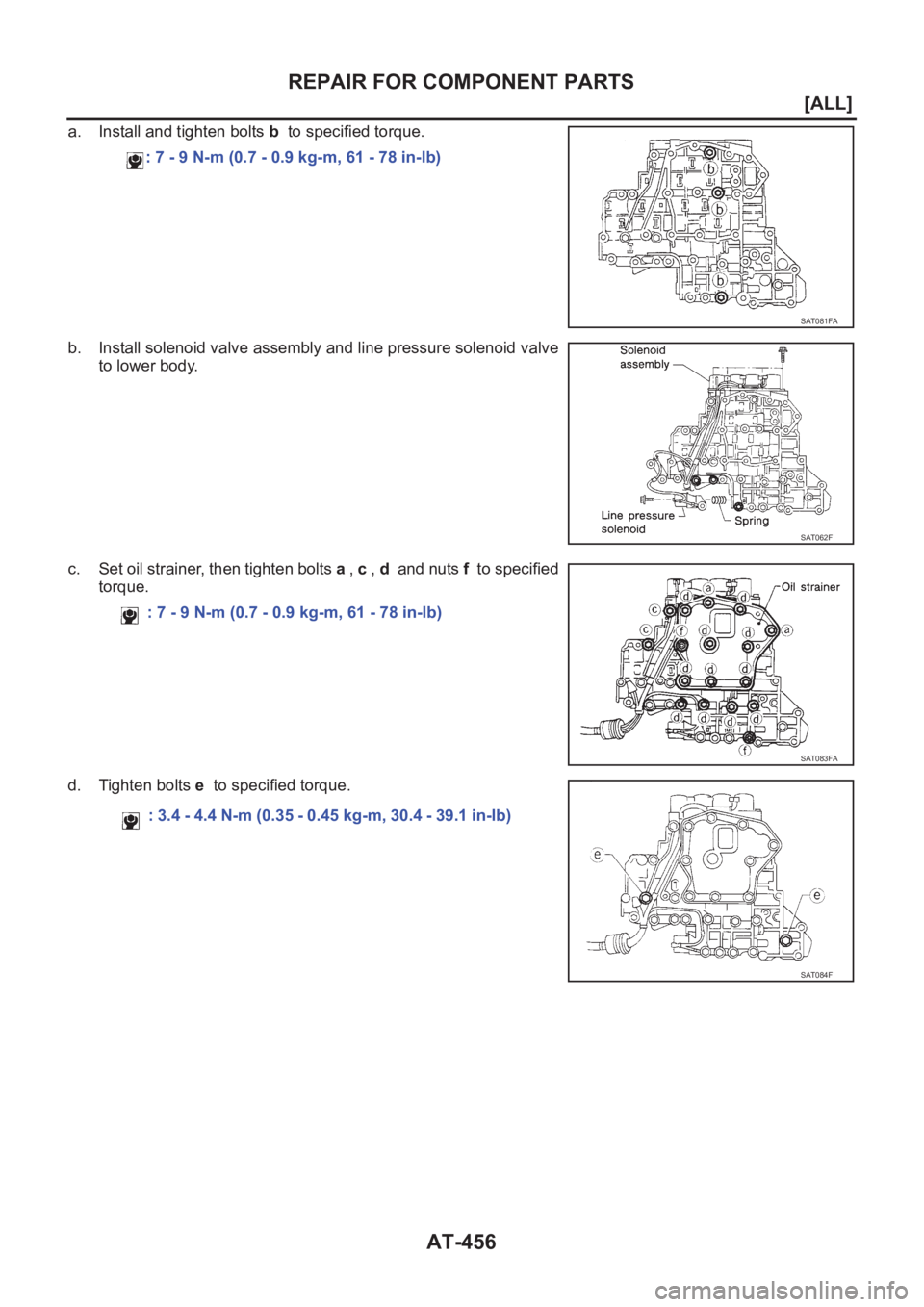 NISSAN X-TRAIL 2001  Service Repair Manual AT-456
[ALL]
REPAIR FOR COMPONENT PARTS
a. Install and tighten bolts b  to specified torque.
b. Install solenoid valve assembly and line pressure solenoid valve
to lower body.
c. Set oil strainer, the