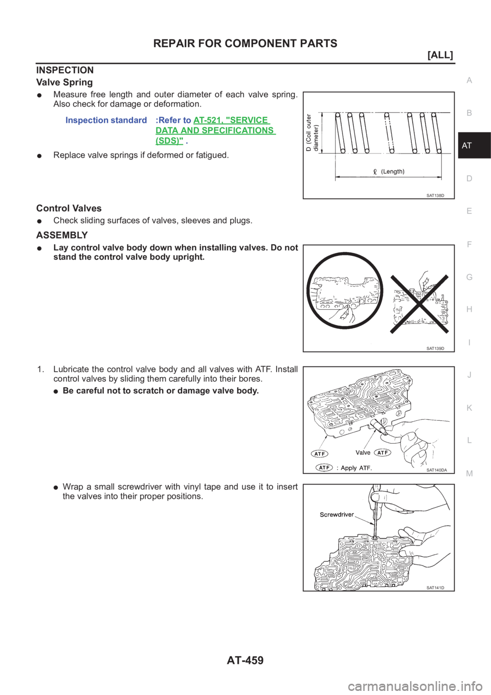 NISSAN X-TRAIL 2001  Service Repair Manual REPAIR FOR COMPONENT PARTS
AT-459
[ALL]
D
E
F
G
H
I
J
K
L
MA
B
AT
INSPECTION
Valve Spring
●Measure  free  length  and  outer  diameter  of  each  valve  spring.
Also check for damage or deformation.