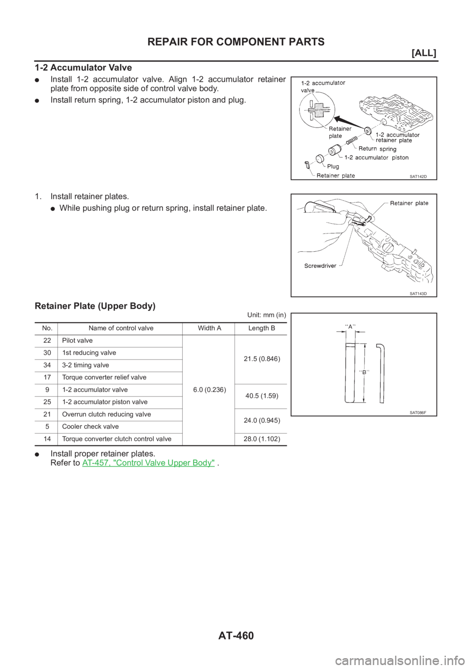 NISSAN X-TRAIL 2001  Service Repair Manual AT-460
[ALL]
REPAIR FOR COMPONENT PARTS
1-2 Accumulator Valve
●Install  1-2  accumulator  valve.  Align  1-2  accumulator  retainer
plate from opposite side of control valve body.
●Install return 