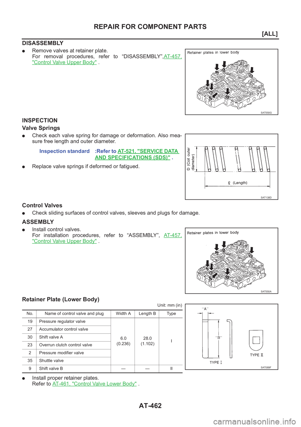 NISSAN X-TRAIL 2001  Service Repair Manual AT-462
[ALL]
REPAIR FOR COMPONENT PARTS
DISASSEMBLY
●Remove valves at retainer plate.
For  removal  procedures,  refer  to  “DISASSEMBLY”,AT- 4 5 7 ,
"Control Valve Upper Body" .
INSPECT