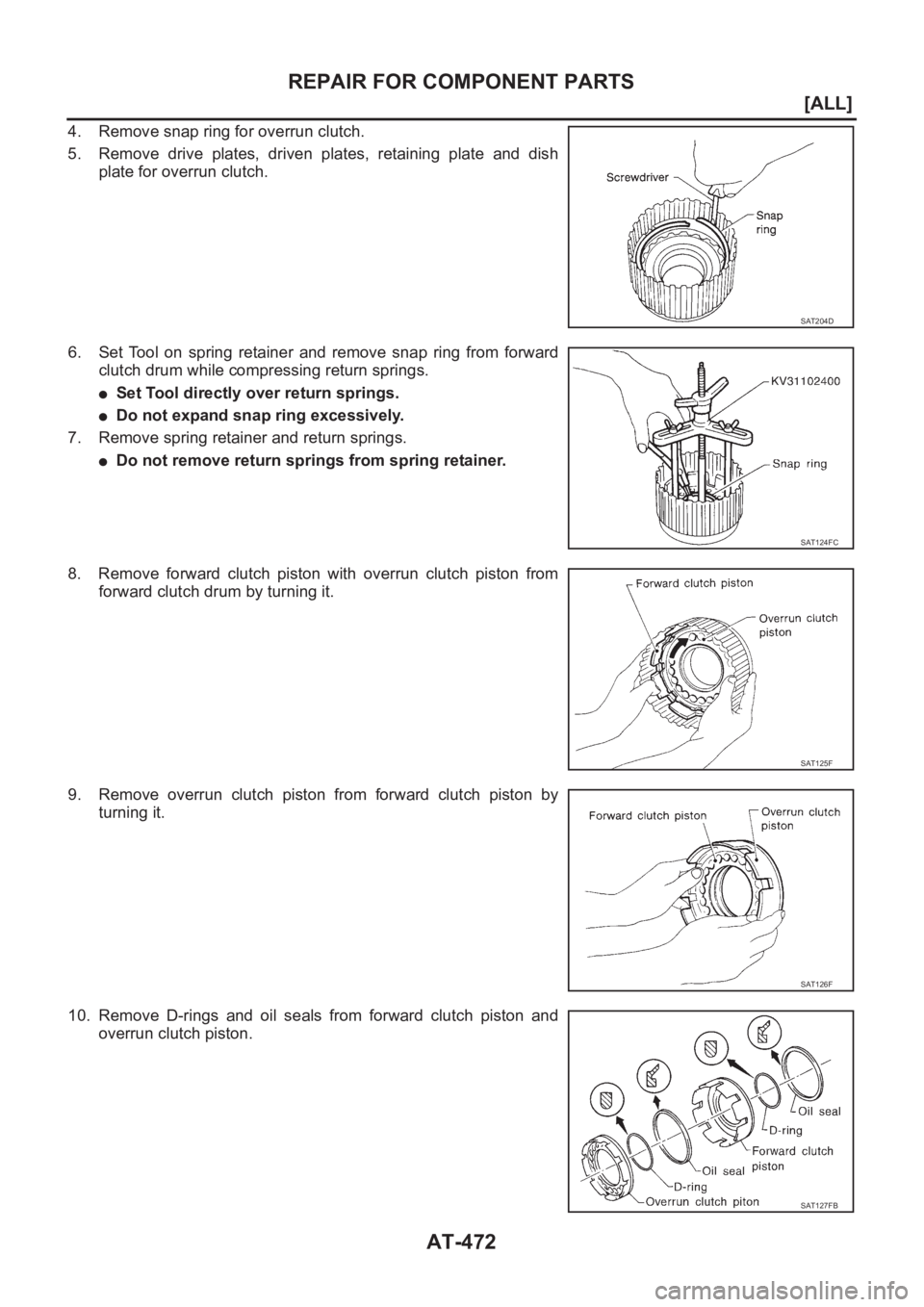 NISSAN X-TRAIL 2001  Service Repair Manual AT-472
[ALL]
REPAIR FOR COMPONENT PARTS
4. Remove snap ring for overrun clutch.
5. Remove  drive  plates,  driven  plates,  retaining  plate  and  dish
plate for overrun clutch.
6. Set  Tool  on  spri