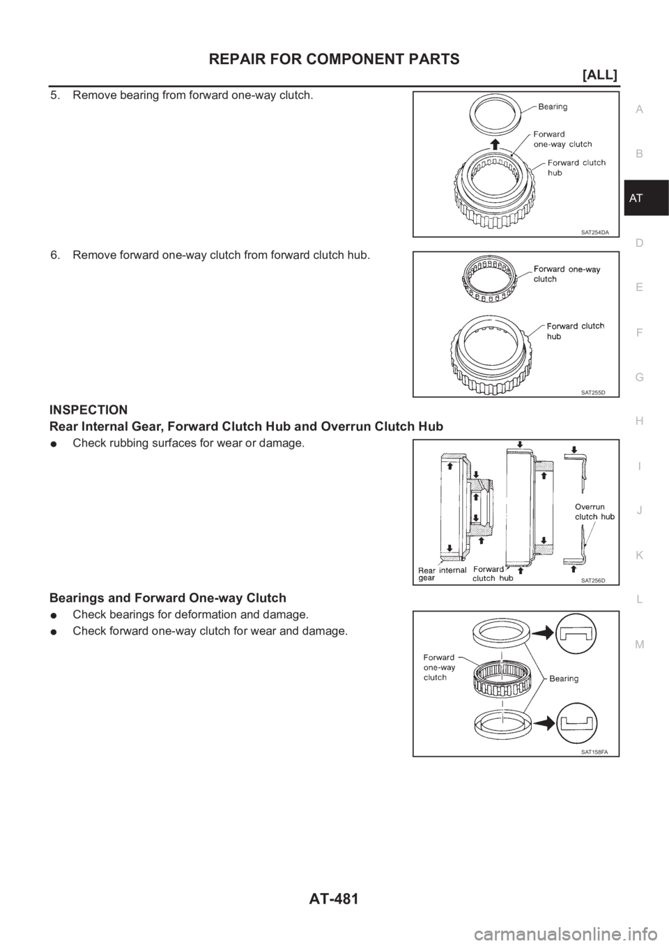 NISSAN X-TRAIL 2001  Service Repair Manual REPAIR FOR COMPONENT PARTS
AT-481
[ALL]
D
E
F
G
H
I
J
K
L
MA
B
AT
5. Remove bearing from forward one-way clutch.
6. Remove forward one-way clutch from forward clutch hub.
INSPECTION
Rear Internal Gear