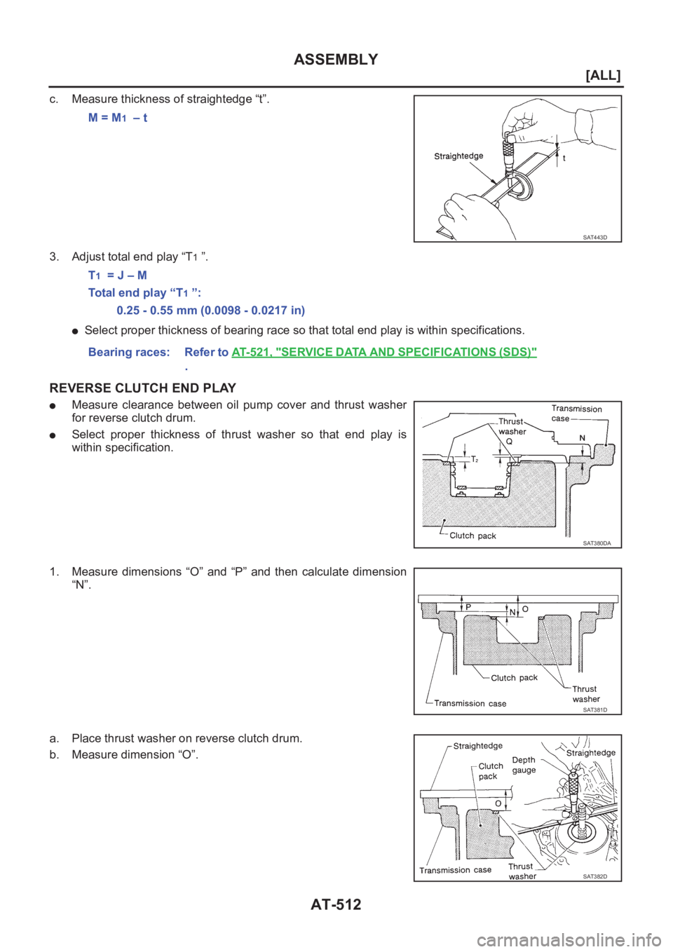 NISSAN X-TRAIL 2001  Service Repair Manual AT-512
[ALL]
ASSEMBLY
c. Measure thickness of straightedge “t”.
3. Adjust total end play “T
1 ”.
●Select proper thickness of bearing race so that total end play is within specifications.
REV