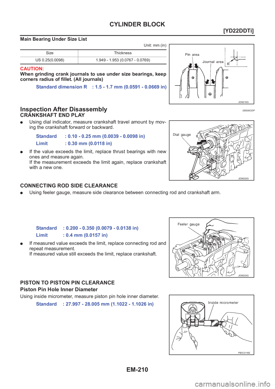 NISSAN X-TRAIL 2001  Service Repair Manual EM-210
[YD22DDTi]
CYLINDER BLOCK
Main Bearing Under Size List 
Unit: mm (in)
CAUTION:
When grinding crank journals to use under size bearings, keep
corners radius of fillet. (All journals)
Inspection 