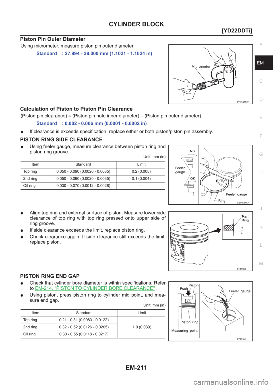 NISSAN X-TRAIL 2001  Service Repair Manual CYLINDER BLOCK
EM-211
[YD22DDTi]
C
D
E
F
G
H
I
J
K
L
MA
EM
Piston Pin Outer Diameter
Using micrometer, measure piston pin outer diameter.
Calculation of Piston to Piston Pin Clearance
(Piston pin clea