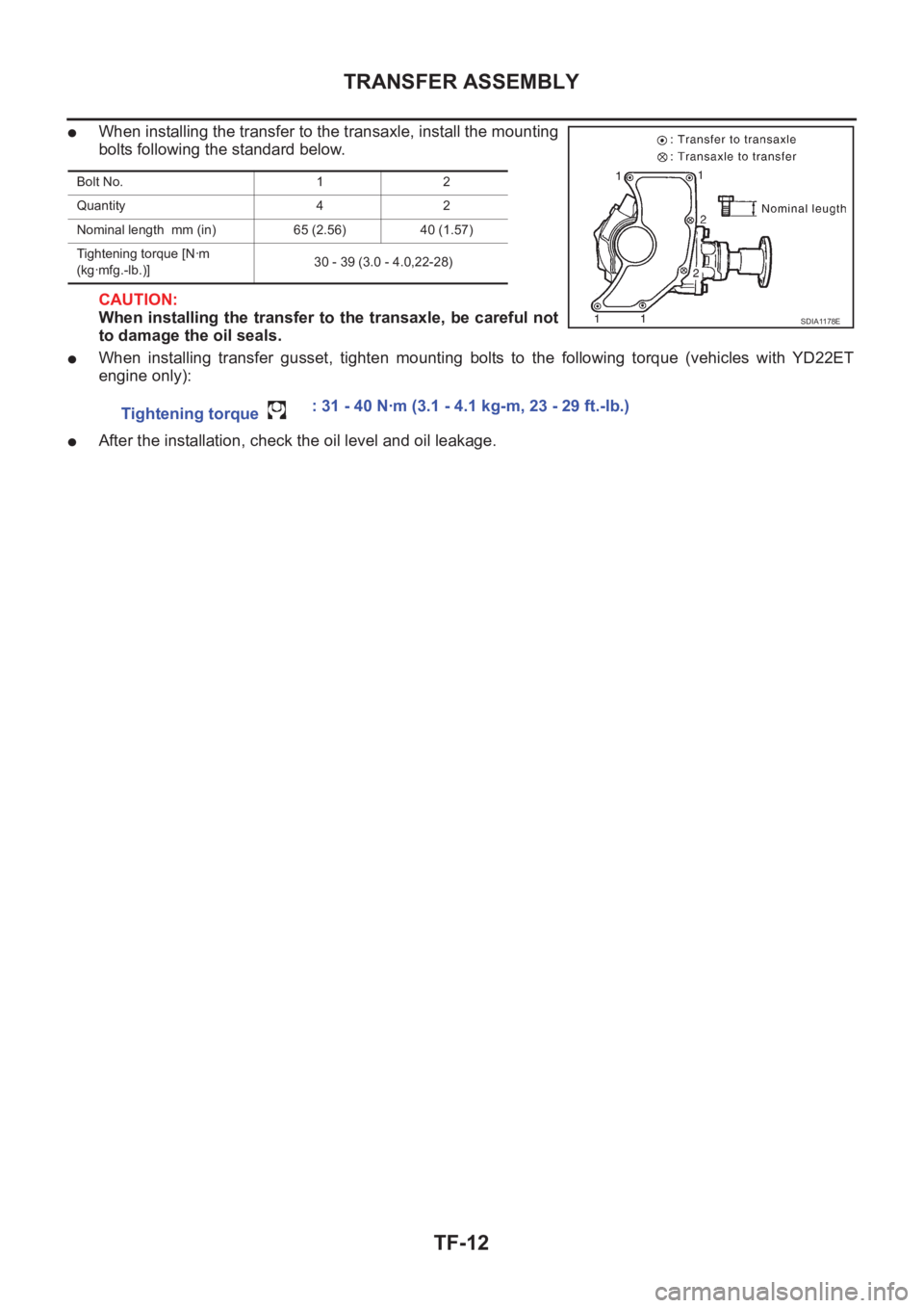 NISSAN X-TRAIL 2001  Service Repair Manual TF-12
TRANSFER ASSEMBLY
●When installing the transfer to the transaxle, install the mounting
bolts following the standard below.
CAUTION:
When installing the transfer to the transaxle, be careful no