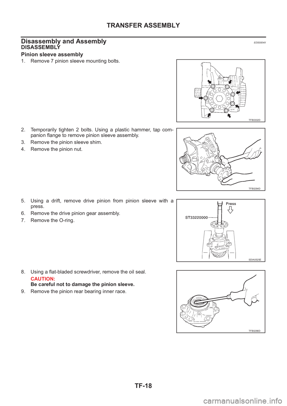 NISSAN X-TRAIL 2001  Service Repair Manual TF-18
TRANSFER ASSEMBLY
Disassembly and Assembly
EDS0004X
DISASSEMBLY
Pinion sleeve assembly
1. Remove 7 pinion sleeve mounting bolts.
2. Temporarily  tighten  2  bolts.  Using  a  plastic  hammer,  t