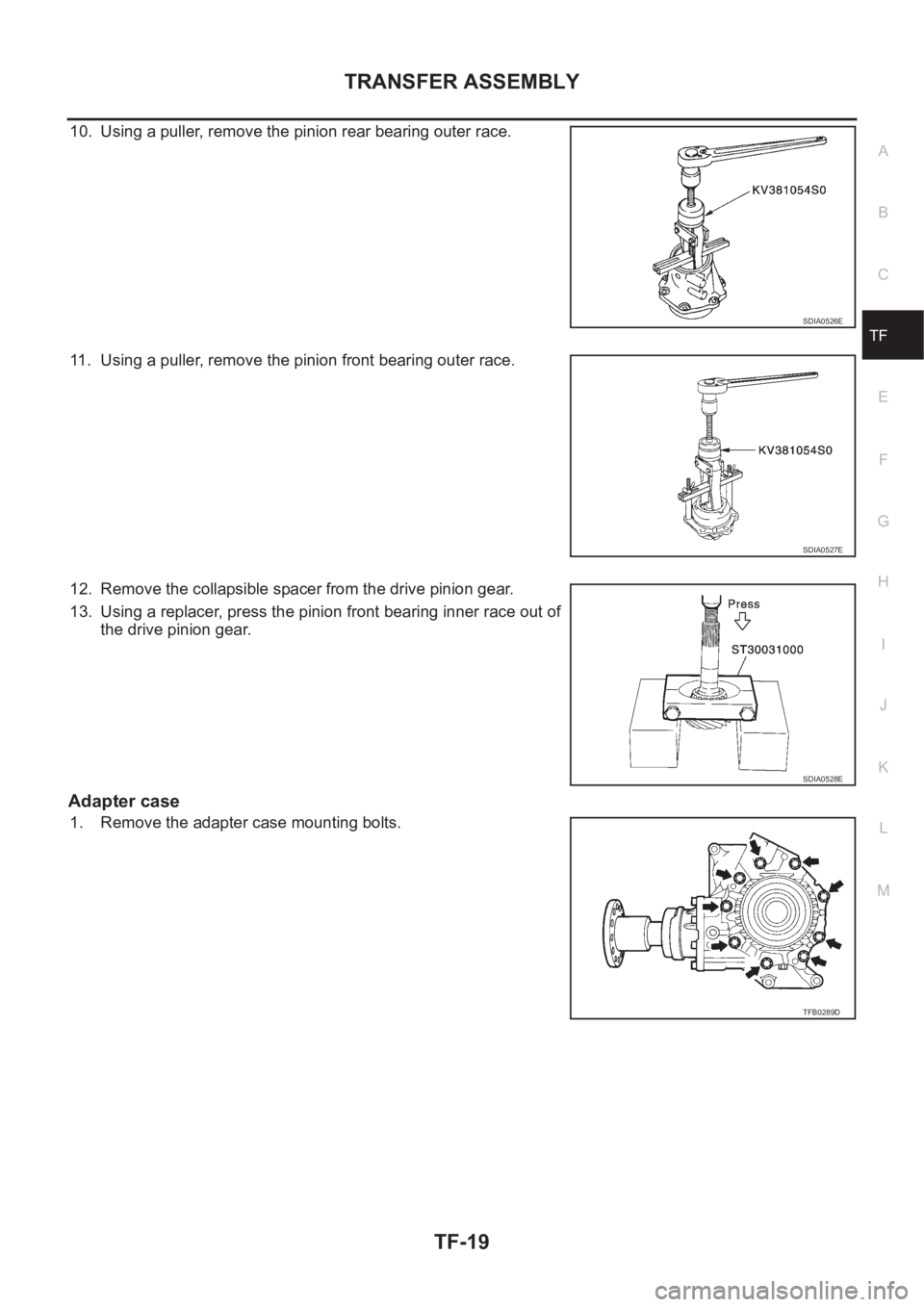 NISSAN X-TRAIL 2001  Service Repair Manual TRANSFER ASSEMBLY
TF-19
C
E
F
G
H
I
J
K
L
MA
B
TF
10. Using a puller, remove the pinion rear bearing outer race.
11. Using a puller, remove the pinion front bearing outer race.
12. Remove the collapsi