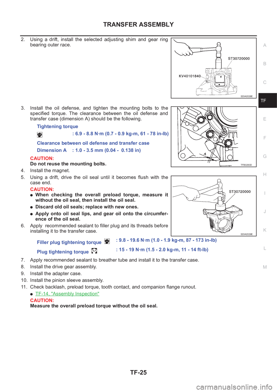 NISSAN X-TRAIL 2001 Service Repair Manual TRANSFER ASSEMBLY
TF-25
C
E
F
G
H
I
J
K
L
MA
B
TF
2. Using a drift, install the selected adjusting shim and gear ring
bearing outer race.
3. Install the oil defense, and tighten the m NISSAN X-TRAIL 2001 Service Repair Manual TRANSFER ASSEMBLY
TF-25
C
E
F
G
H
I
J
K
L
MA
B
TF
2. Using a drift, install the selected adjusting shim and gear ring
bearing outer race.
3. Install the oil defense, and tighten the m
