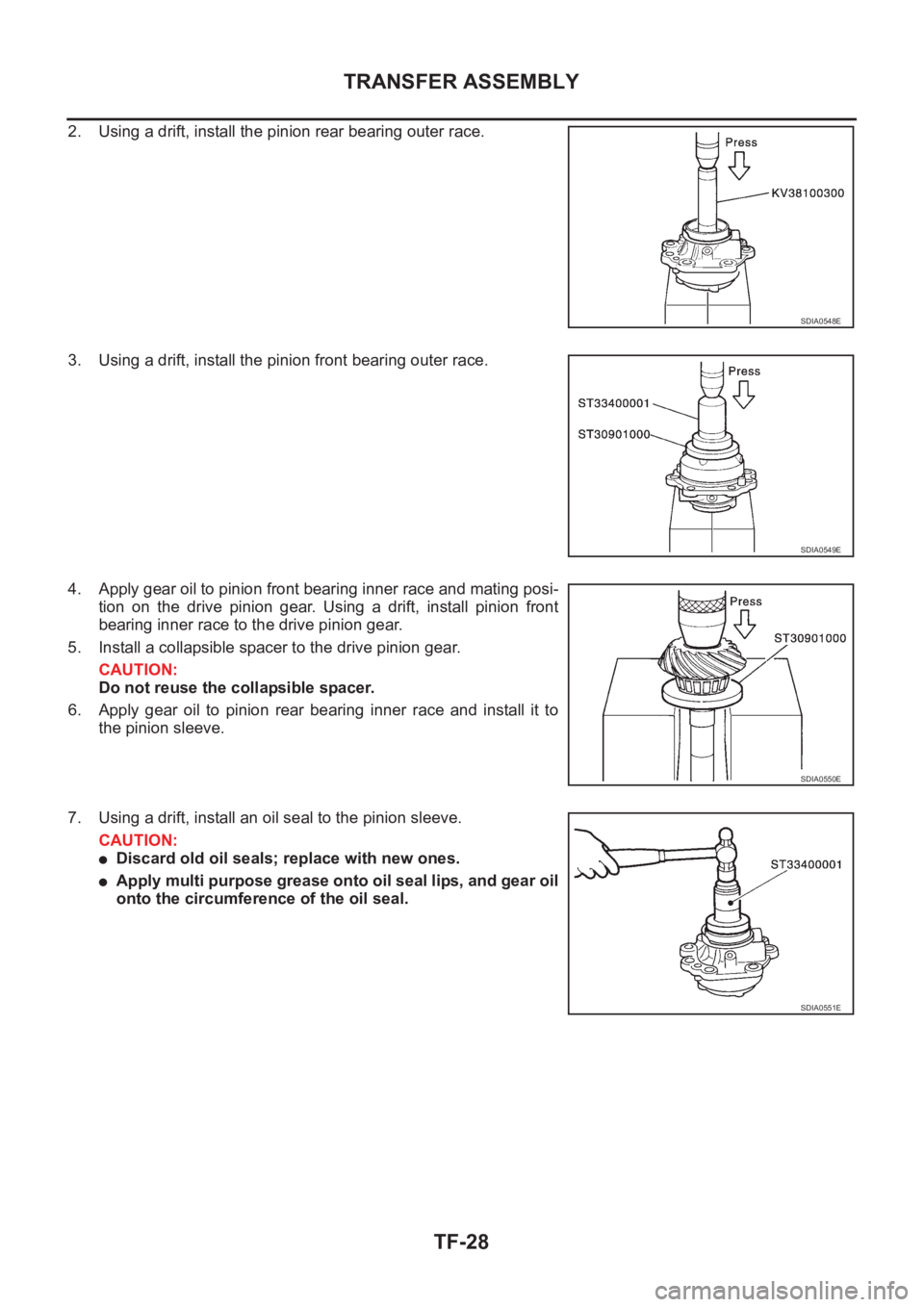 NISSAN X-TRAIL 2001 Service Repair Manual TF-28
TRANSFER ASSEMBLY
2. Using a drift, install the pinion rear bearing outer race.
3. Using a drift, install the pinion front bearing outer race.
4. Apply gear oil to pinion front bearing inner rac NISSAN X-TRAIL 2001 Service Repair Manual TF-28
TRANSFER ASSEMBLY
2. Using a drift, install the pinion rear bearing outer race.
3. Using a drift, install the pinion front bearing outer race.
4. Apply gear oil to pinion front bearing inner rac