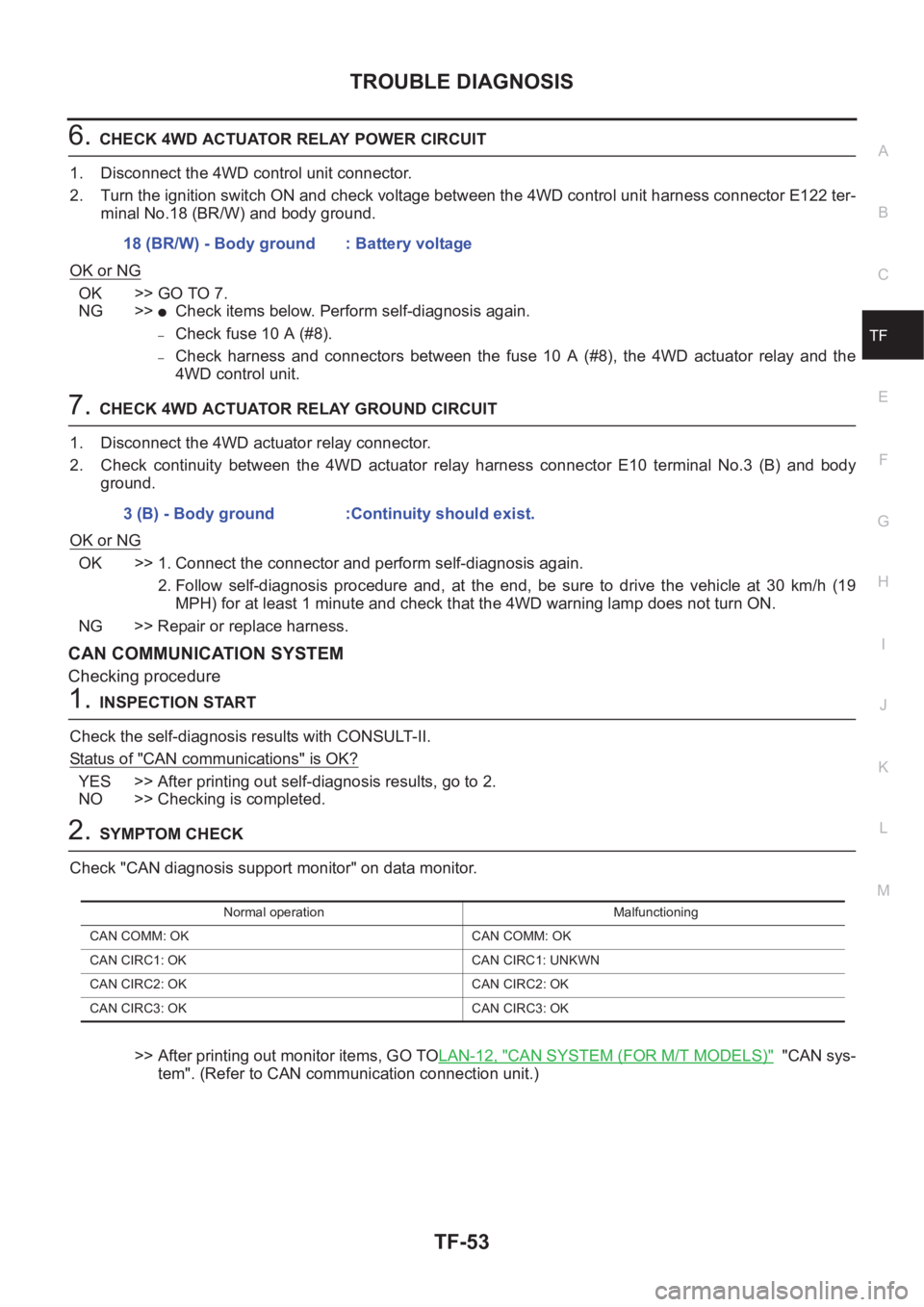 NISSAN X-TRAIL 2001 Service Repair Manual TROUBLE DIAGNOSIS
TF-53
C
E
F
G
H
I
J
K
L
MA
B
TF
6.CHECK 4WD ACTUATOR RELAY POWER CIRCUIT
1. Disconnect the 4WD control unit connector.
2. Turn the ignition switch ON and check voltage between the 4W NISSAN X-TRAIL 2001 Service Repair Manual TROUBLE DIAGNOSIS
TF-53
C
E
F
G
H
I
J
K
L
MA
B
TF
6.CHECK 4WD ACTUATOR RELAY POWER CIRCUIT
1. Disconnect the 4WD control unit connector.
2. Turn the ignition switch ON and check voltage between the 4W