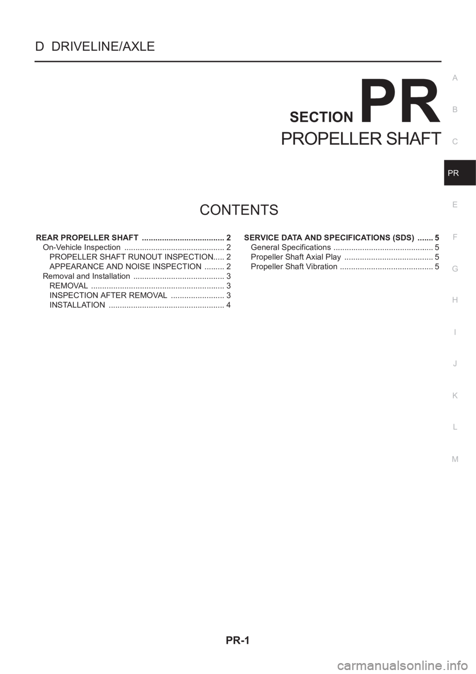NISSAN X-TRAIL 2001 Service Repair Manual PR-1
PROPELLER SHAFT
D DRIVELINE/AXLE
CONTENTS
C
E
F
G
H
I
J
K
L
M
SECTION
A
B
PR
PROPELLER SHAFT
REAR PROPELLER SHAFT ...................................... 2
On-Vehicle Inspection ............... NISSAN X-TRAIL 2001 Service Repair Manual PR-1
PROPELLER SHAFT
D DRIVELINE/AXLE
CONTENTS
C
E
F
G
H
I
J
K
L
M
SECTION
A
B
PR
PROPELLER SHAFT
REAR PROPELLER SHAFT ...................................... 2
On-Vehicle Inspection ...............