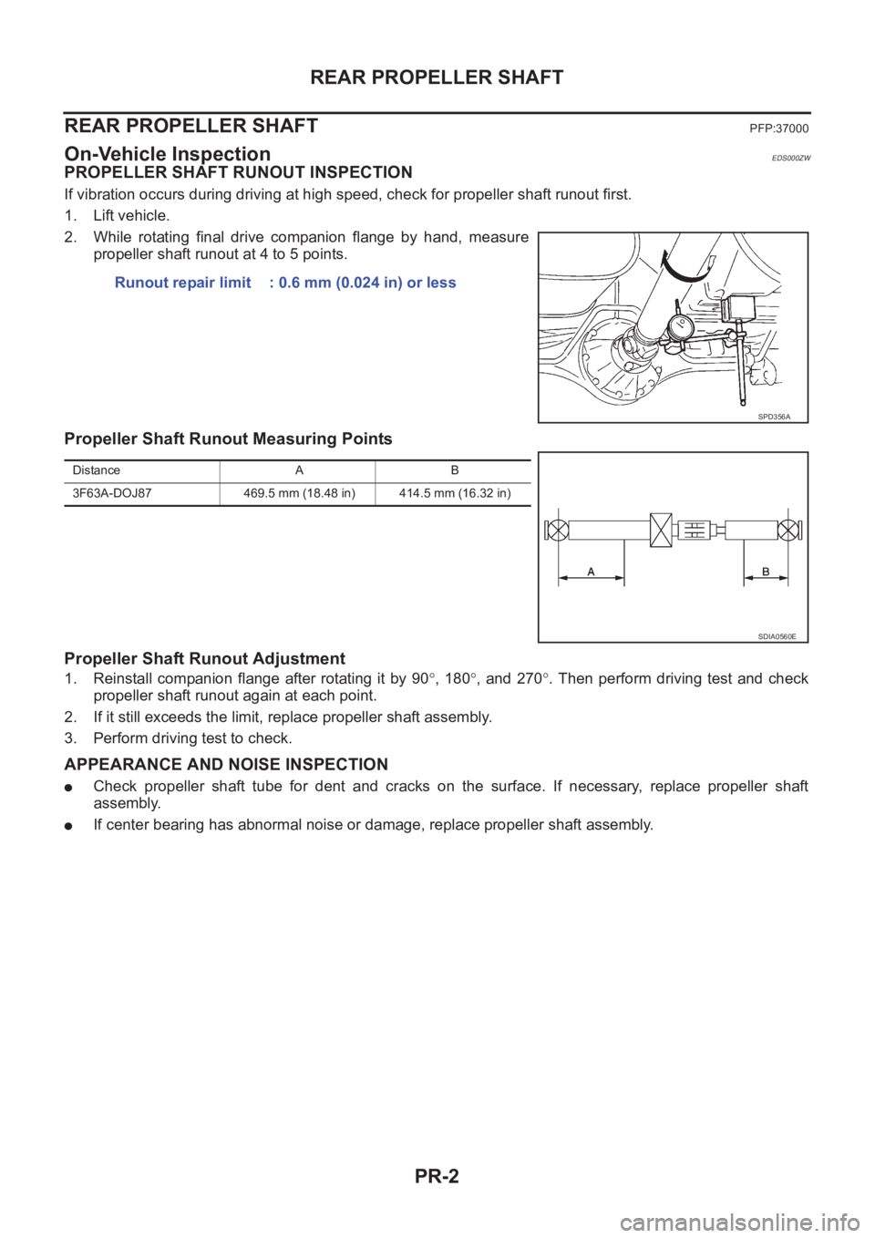 NISSAN X-TRAIL 2001 Service Repair Manual PR-2
REAR PROPELLER SHAFT
REAR PROPELLER SHAFT
PFP:37000
On-Vehicle InspectionEDS000ZW
PROPELLER SHAFT RUNOUT INSPECTION
If vibration occurs during driving at high speed, check for propeller shaft run NISSAN X-TRAIL 2001 Service Repair Manual PR-2
REAR PROPELLER SHAFT
REAR PROPELLER SHAFT
PFP:37000
On-Vehicle InspectionEDS000ZW
PROPELLER SHAFT RUNOUT INSPECTION
If vibration occurs during driving at high speed, check for propeller shaft run