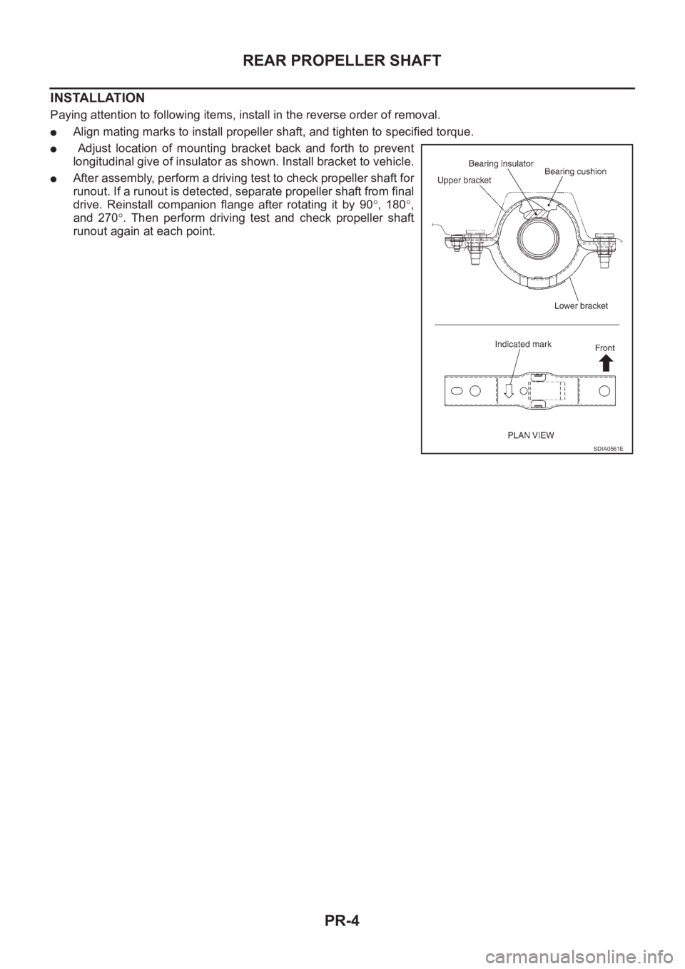 NISSAN X-TRAIL 2001 Service Repair Manual PR-4
REAR PROPELLER SHAFT
INSTALLATION
Paying attention to following items, install in the reverse order of removal.
●Align mating marks to install propeller shaft, and tighten to specified torque.
NISSAN X-TRAIL 2001 Service Repair Manual PR-4
REAR PROPELLER SHAFT
INSTALLATION
Paying attention to following items, install in the reverse order of removal.
●Align mating marks to install propeller shaft, and tighten to specified torque.