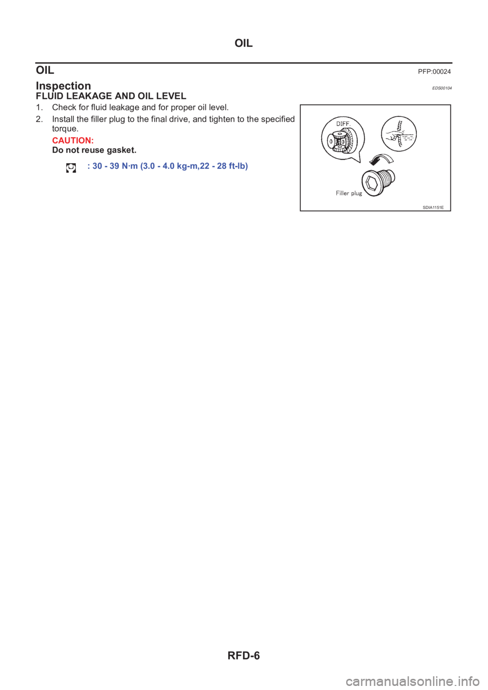 NISSAN X-TRAIL 2001  Service Repair Manual RFD-6
OIL
OIL
PFP:00024
InspectionEDS00104
FLUID LEAKAGE AND OIL LEVEL
1. Check for fluid leakage and for proper oil level.
2. Install the filler plug to the final drive, and tighten to the specified
