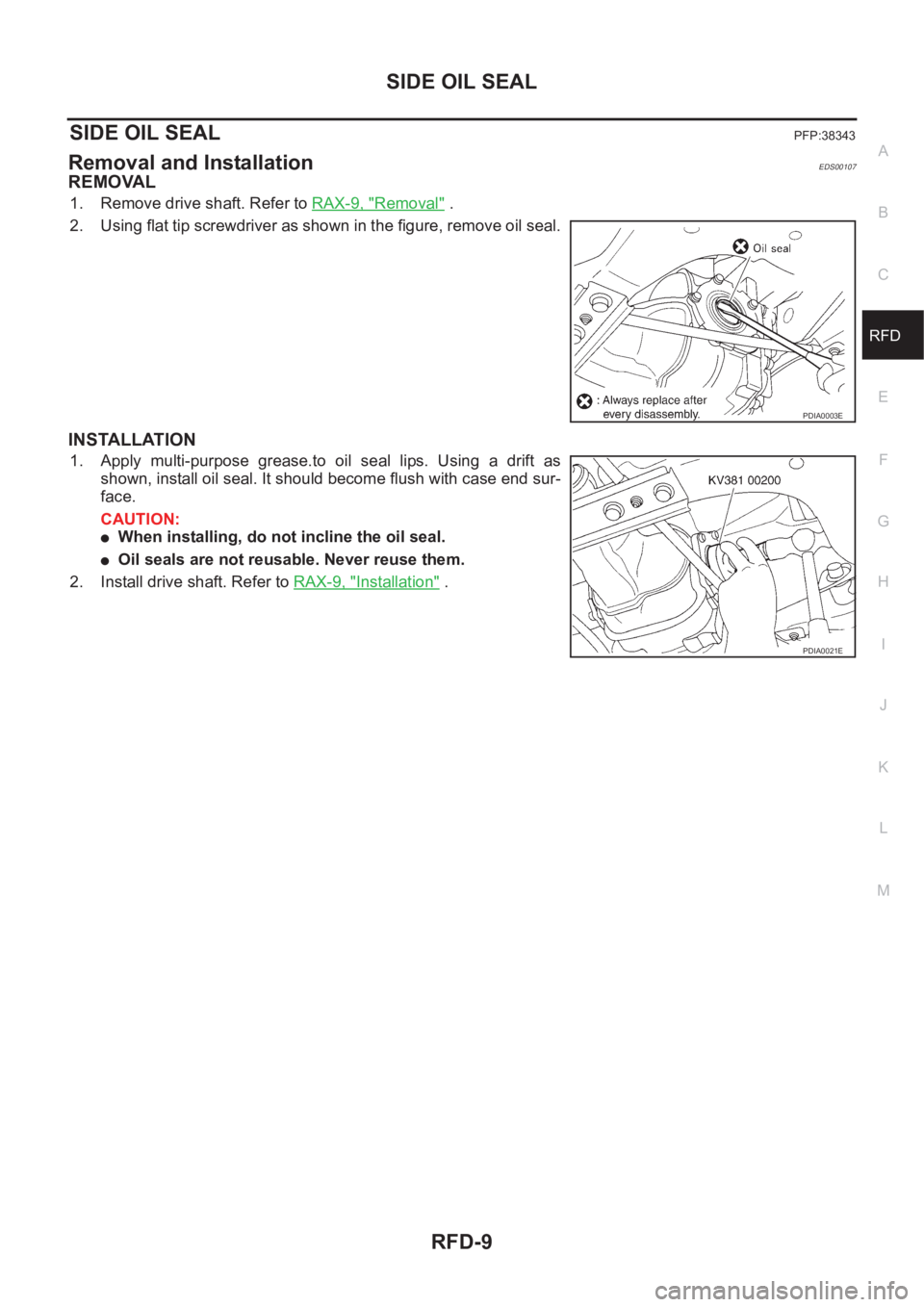 NISSAN X-TRAIL 2001  Service Repair Manual SIDE OIL SEAL
RFD-9
C
E
F
G
H
I
J
K
L
MA
B
RFD
SIDE OIL SEALPFP:38343
Removal and InstallationEDS00107
REMOVAL
1. Remove drive shaft. Refer to RAX-9, "Removal" .
2. Using flat tip screwdriver 