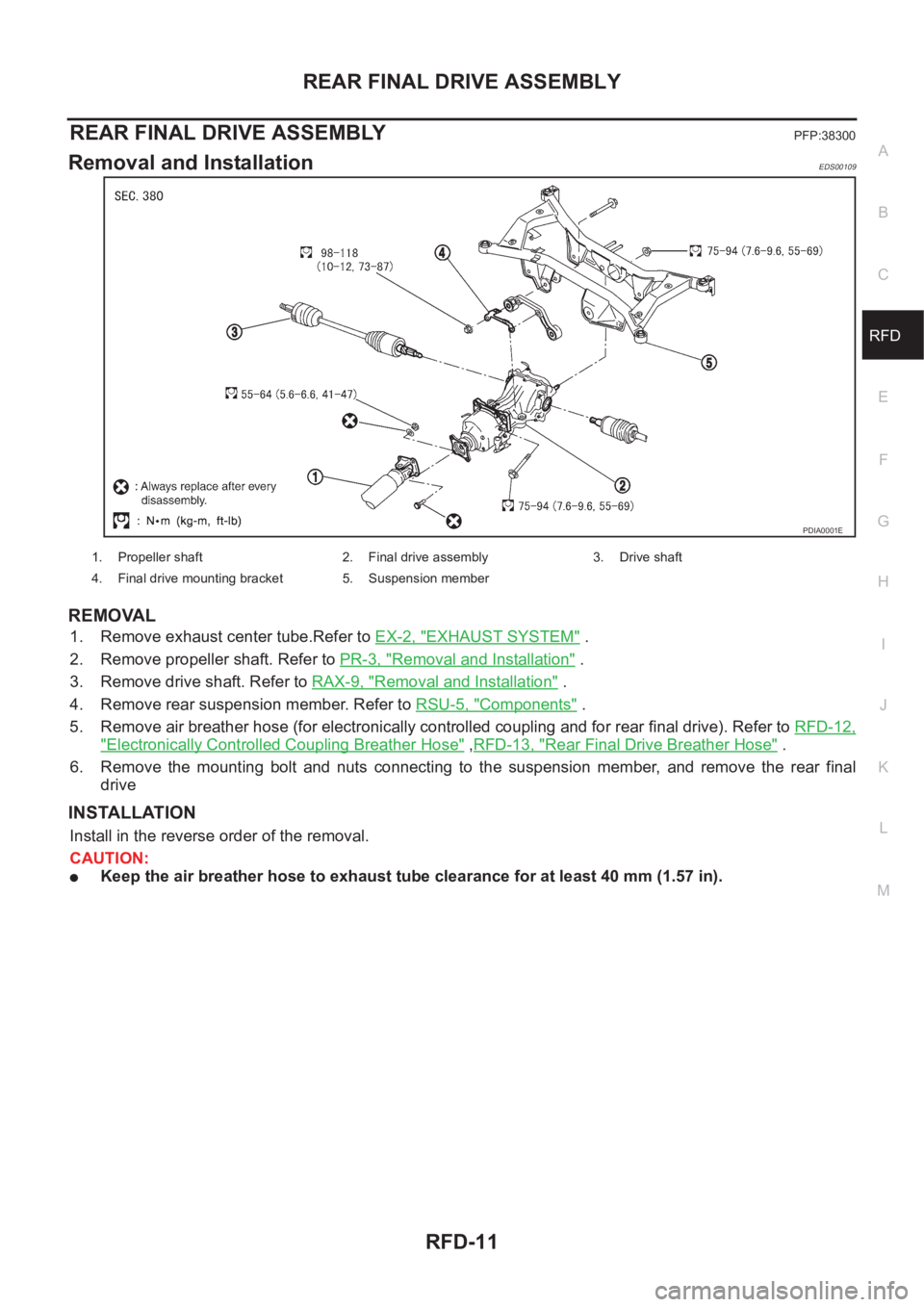 NISSAN X-TRAIL 2001 Service Repair Manual REAR FINAL DRIVE ASSEMBLY
RFD-11
C
E
F
G
H
I
J
K
L
MA
B
RFD
REAR FINAL DRIVE ASSEMBLYPFP:38300
Removal and InstallationEDS00109
REMOVAL
1. Remove exhaust center tube.Refer to EX-2, "EXHAUST SYSTEM NISSAN X-TRAIL 2001 Service Repair Manual REAR FINAL DRIVE ASSEMBLY
RFD-11
C
E
F
G
H
I
J
K
L
MA
B
RFD
REAR FINAL DRIVE ASSEMBLYPFP:38300
Removal and InstallationEDS00109
REMOVAL
1. Remove exhaust center tube.Refer to EX-2, "EXHAUST SYSTEM