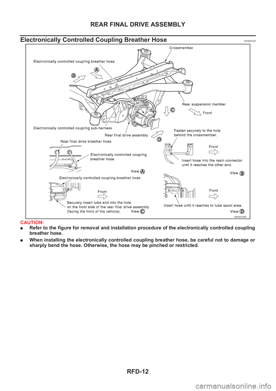 NISSAN X-TRAIL 2001  Service Repair Manual RFD-12
REAR FINAL DRIVE ASSEMBLY
Electronically Controlled Coupling Breather Hose
EDS0010A
CAUTION:
●Refer to the figure for removal and installation procedure of the electronically controlled coupl