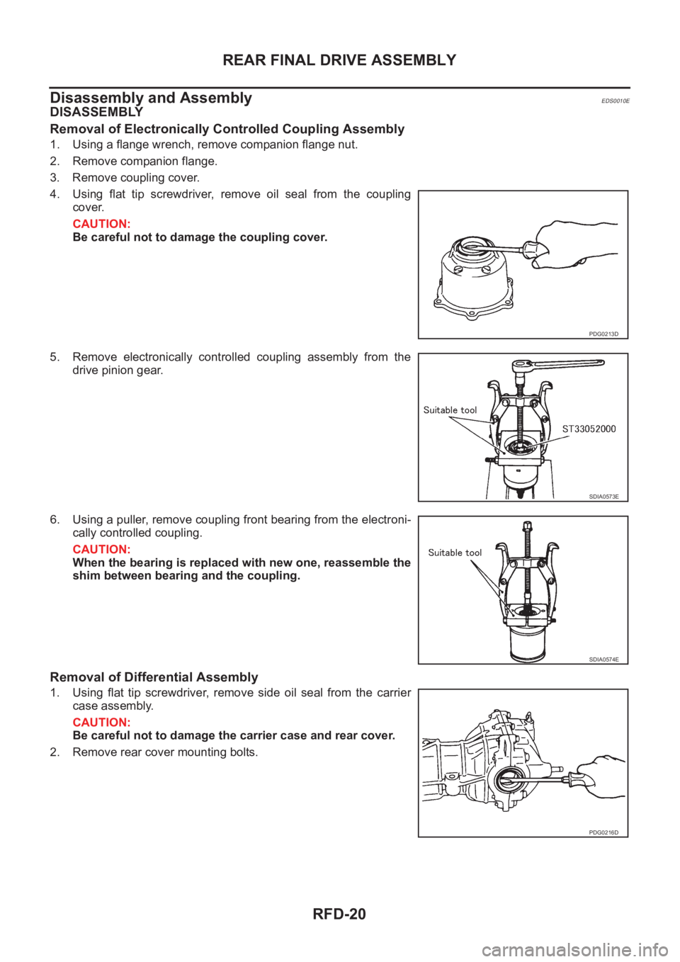 NISSAN X-TRAIL 2001 Service Repair Manual RFD-20
REAR FINAL DRIVE ASSEMBLY
Disassembly and Assembly
EDS0010E
DISASSEMBLY
Removal of Electronically Controlled Coupling Assembly
1. Using a flange wrench, remove companion flange nut.
2. Remove c NISSAN X-TRAIL 2001 Service Repair Manual RFD-20
REAR FINAL DRIVE ASSEMBLY
Disassembly and Assembly
EDS0010E
DISASSEMBLY
Removal of Electronically Controlled Coupling Assembly
1. Using a flange wrench, remove companion flange nut.
2. Remove c