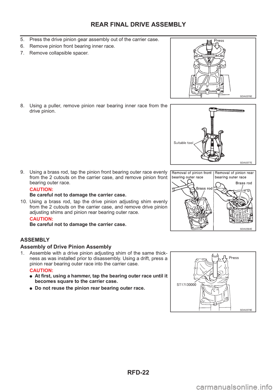 NISSAN X-TRAIL 2001 Service Repair Manual RFD-22
REAR FINAL DRIVE ASSEMBLY
5. Press the drive pinion gear assembly out of the carrier case.
6. Remove pinion front bearing inner race.
7. Remove collapsible spacer.
8. Using a puller, remove NISSAN X-TRAIL 2001 Service Repair Manual RFD-22
REAR FINAL DRIVE ASSEMBLY
5. Press the drive pinion gear assembly out of the carrier case.
6. Remove pinion front bearing inner race.
7. Remove collapsible spacer.
8. Using a puller, remove