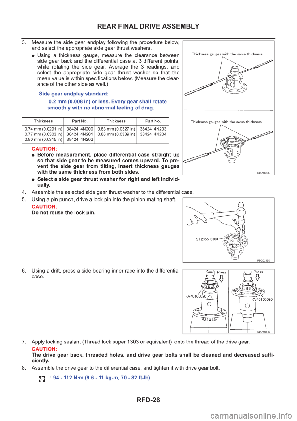 NISSAN X-TRAIL 2001  Service Repair Manual RFD-26
REAR FINAL DRIVE ASSEMBLY
3. Measure  the  side  gear  endplay  following  the  procedure  below,
and select the appropriate side gear thrust washers.
●Using  a  thickness  gauge,  measure  t