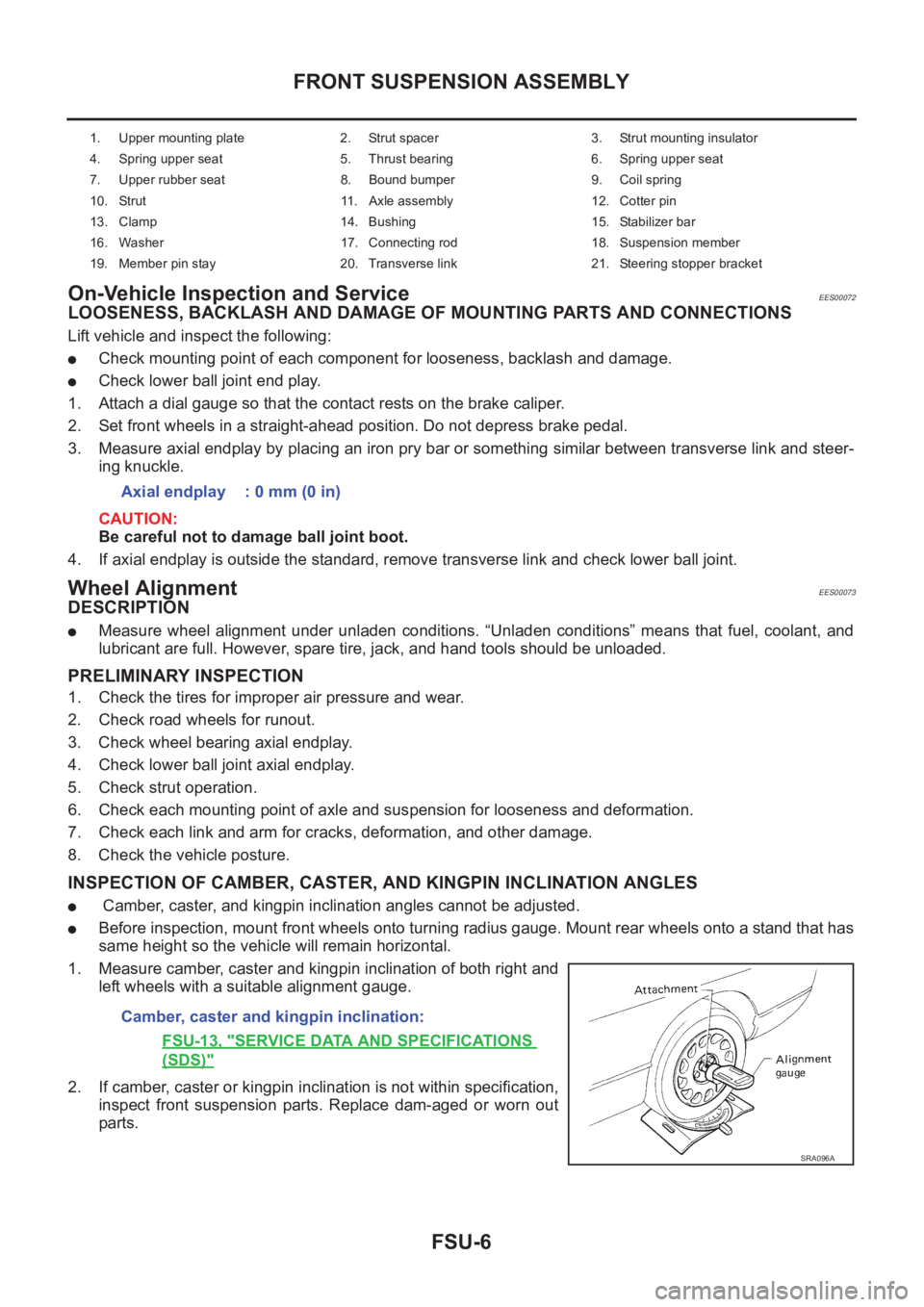 NISSAN X-TRAIL 2001  Service Repair Manual FSU-6
FRONT SUSPENSION ASSEMBLY
On-Vehicle Inspection and Service
EES00072
LOOSENESS, BACKLASH AND DAMAGE OF MOUNTING PARTS AND CONNECTIONS
Lift vehicle and inspect the following:
●Check mounting po