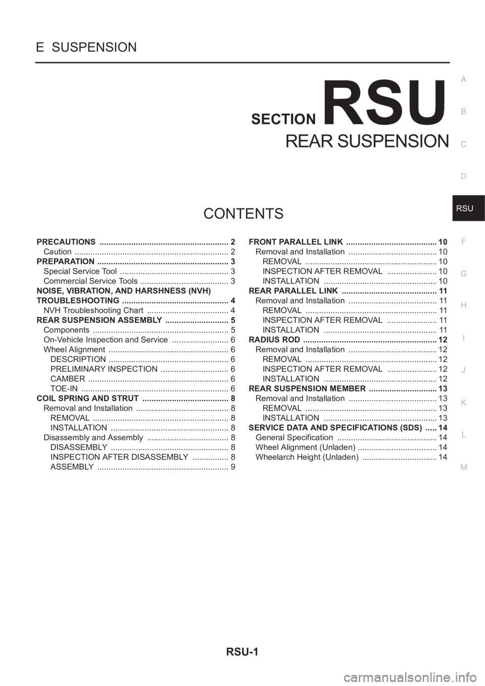 NISSAN X-TRAIL 2001 Service Repair Manual RSU-1
REAR SUSPENSION
E SUSPENSION
CONTENTS
C
D
F
G
H
I
J
K
L
M
SECTION
A
B
RSU
REAR SUSPENSION
PRECAUTIONS .......................................................... 2
Caution .................... NISSAN X-TRAIL 2001 Service Repair Manual RSU-1
REAR SUSPENSION
E SUSPENSION
CONTENTS
C
D
F
G
H
I
J
K
L
M
SECTION
A
B
RSU
REAR SUSPENSION
PRECAUTIONS .......................................................... 2
Caution ....................