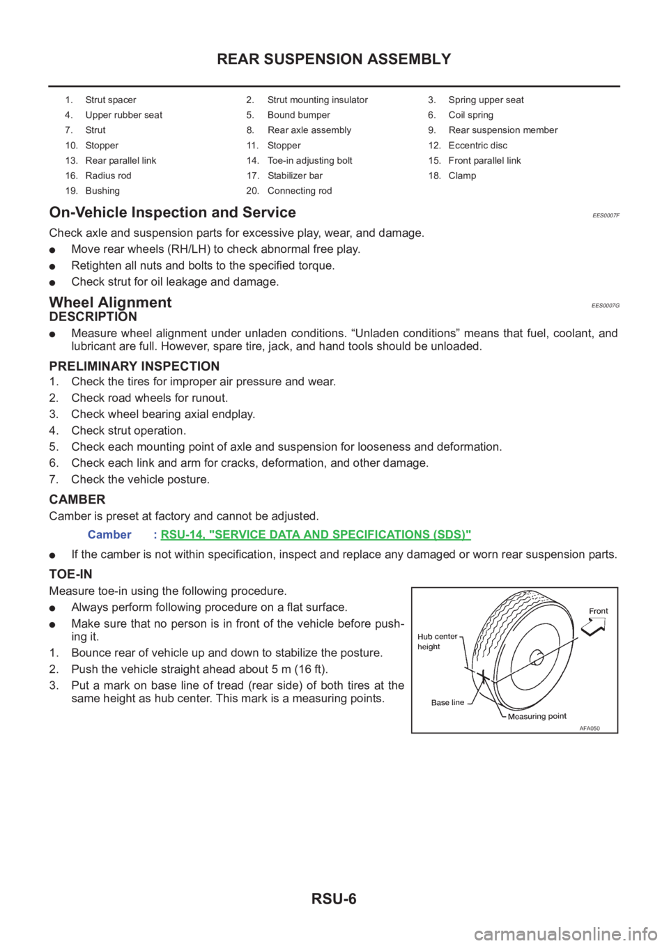 NISSAN X-TRAIL 2001 Service Repair Manual RSU-6
REAR SUSPENSION ASSEMBLY
On-Vehicle Inspection and Service
EES0007F
Check axle and suspension parts for excessive play, wear, and damage.
●Move rear wheels (RH/LH) to check abnormal free play. NISSAN X-TRAIL 2001 Service Repair Manual RSU-6
REAR SUSPENSION ASSEMBLY
On-Vehicle Inspection and Service
EES0007F
Check axle and suspension parts for excessive play, wear, and damage.
●Move rear wheels (RH/LH) to check abnormal free play.