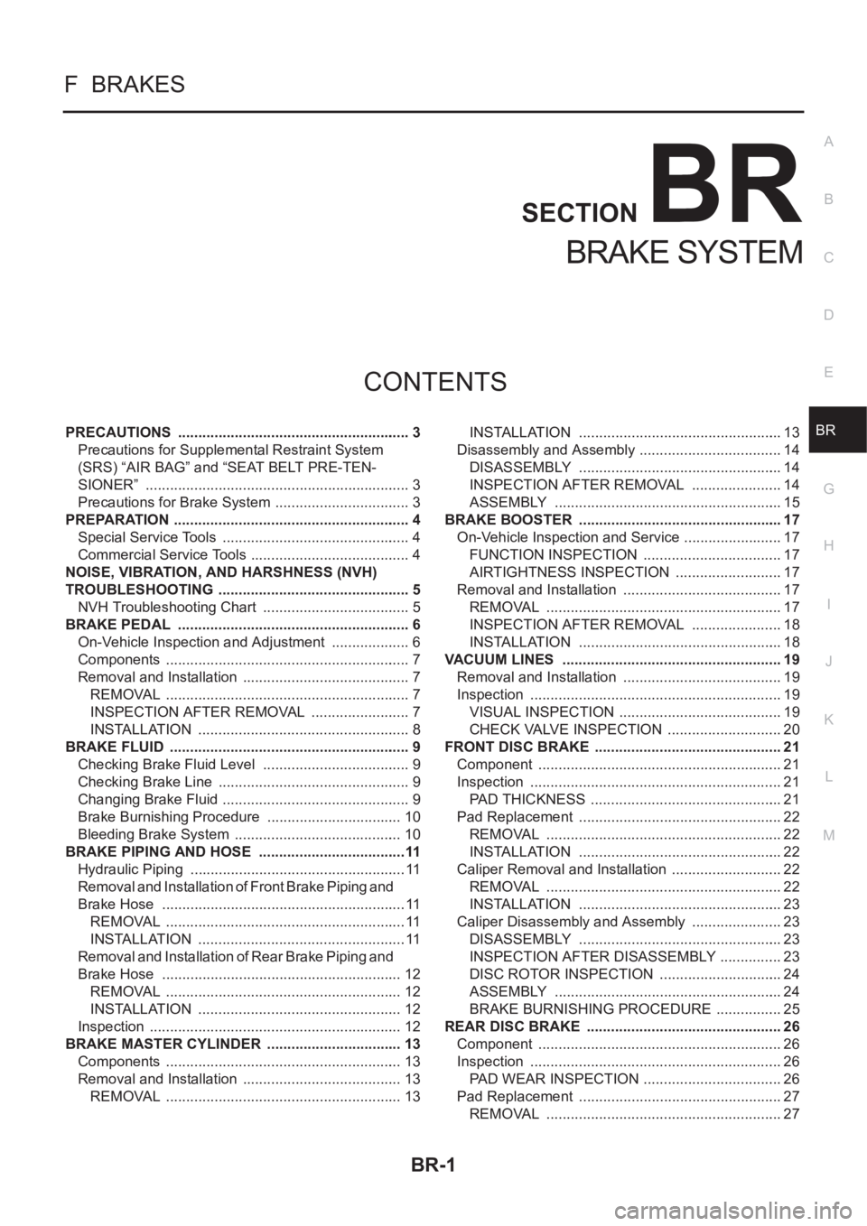 NISSAN X-TRAIL 2001 Service Repair Manual BR-1
BRAKE SYSTEM
F BRAKES
CONTENTS
C
D
E
G
H
I
J
K
L
M
SECTION
A
B
BR
BRAKE SYSTEM
PRECAUTIONS .......................................................... 3
Precautions for Supplemental Restraint Sy NISSAN X-TRAIL 2001 Service Repair Manual BR-1
BRAKE SYSTEM
F BRAKES
CONTENTS
C
D
E
G
H
I
J
K
L
M
SECTION
A
B
BR
BRAKE SYSTEM
PRECAUTIONS .......................................................... 3
Precautions for Supplemental Restraint Sy