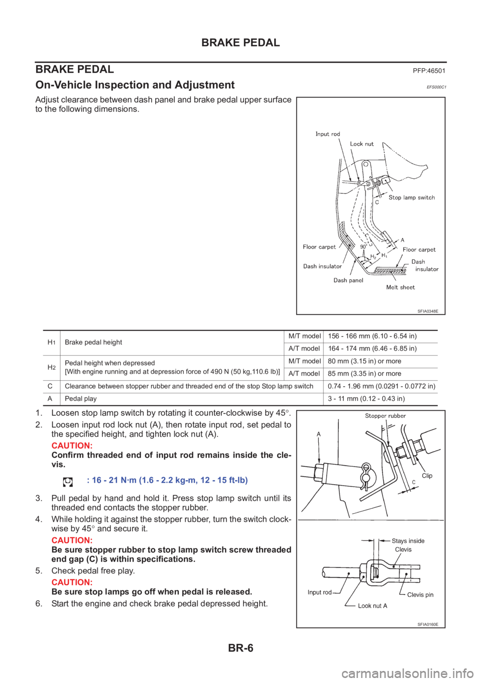 NISSAN X-TRAIL 2001 Service Repair Manual BR-6
BRAKE PEDAL
BRAKE PEDAL
PFP:46501
On-Vehicle Inspection and AdjustmentEFS000C1
Adjust clearance between dash panel and brake pedal upper surface
to the following dimensions.
1. Loosen stop lamp s NISSAN X-TRAIL 2001 Service Repair Manual BR-6
BRAKE PEDAL
BRAKE PEDAL
PFP:46501
On-Vehicle Inspection and AdjustmentEFS000C1
Adjust clearance between dash panel and brake pedal upper surface
to the following dimensions.
1. Loosen stop lamp s