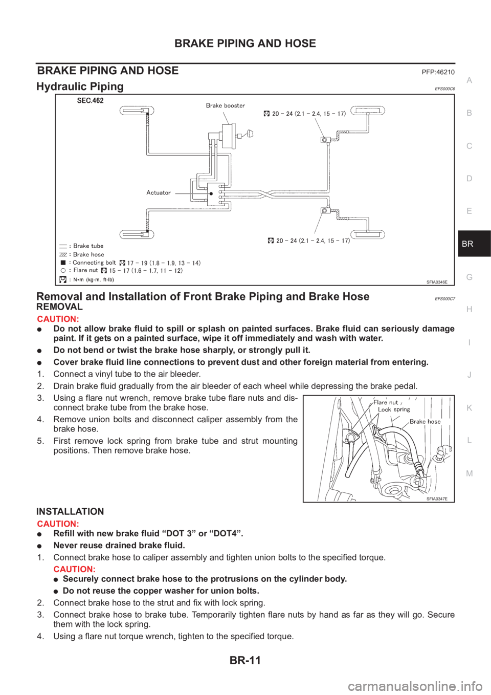 NISSAN X-TRAIL 2001  Service Repair Manual BRAKE PIPING AND HOSE
BR-11
C
D
E
G
H
I
J
K
L
MA
B
BR
BRAKE PIPING AND HOSEPFP:46210
Hydraulic Piping EFS000C6
Removal and Installation of Front Brake Piping and Brake HoseEFS000C7
REMOVAL
CAUTION:
