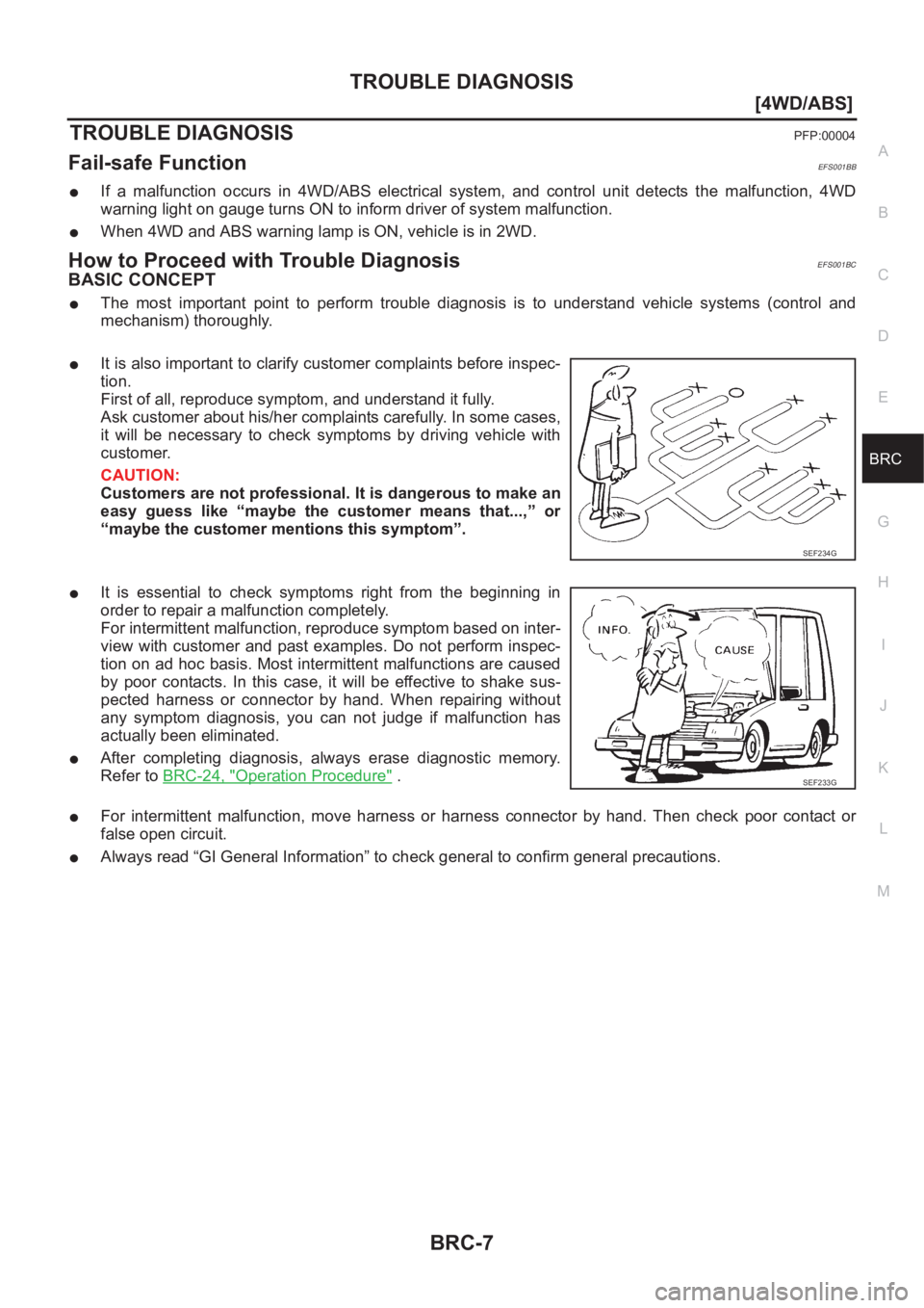 NISSAN X-TRAIL 2001  Service Repair Manual TROUBLE DIAGNOSIS
BRC-7
[4WD/ABS]
C
D
E
G
H
I
J
K
L
MA
B
BRC
TROUBLE DIAGNOSISPFP:00004
Fail-safe FunctionEFS001BB
●If  a  malfunction  occurs  in  4WD/ABS  electrical  system,  and  control  unit  