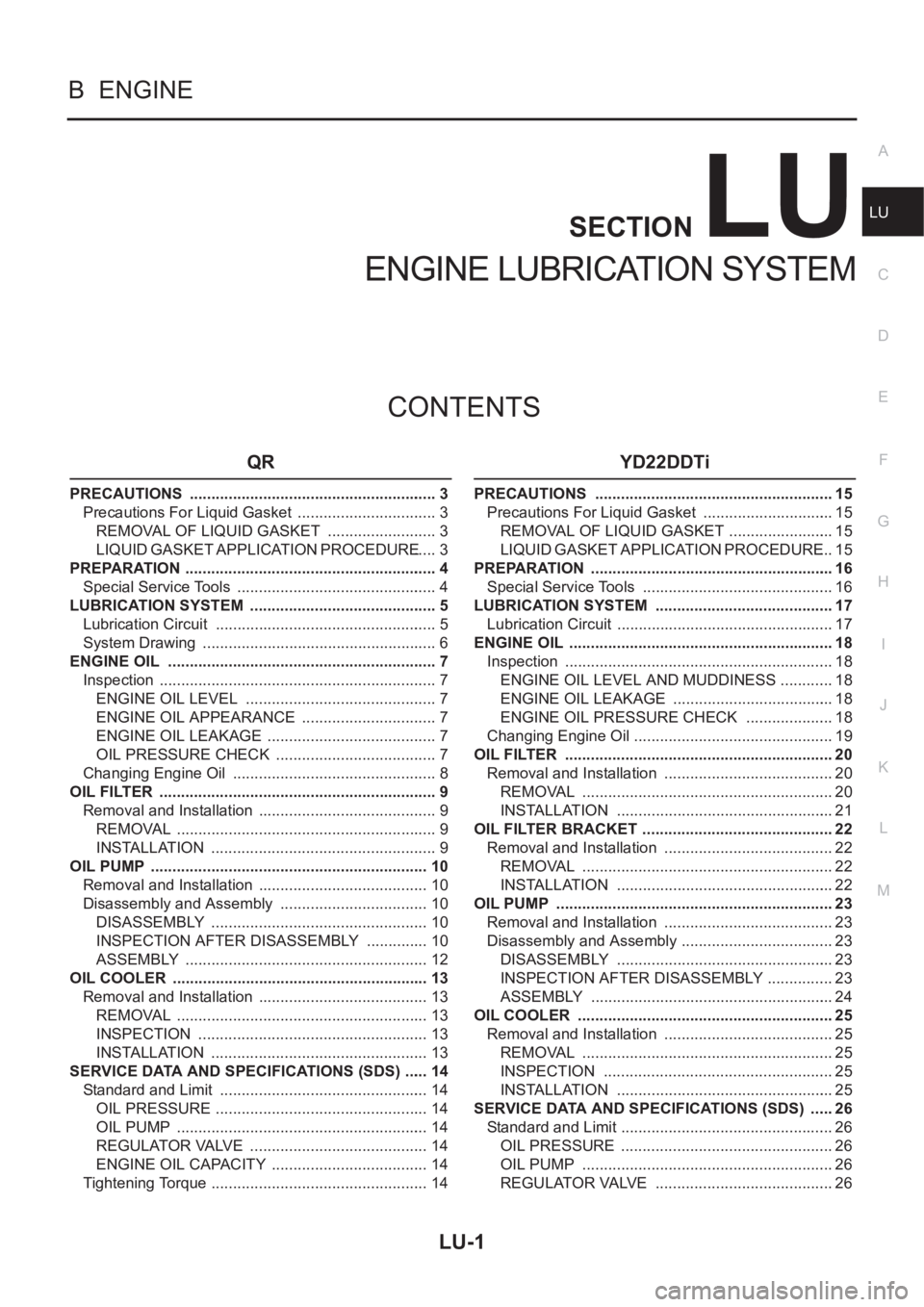 NISSAN X-TRAIL 2001  Service Repair Manual LU-1
ENGINE LUBRICATION SYSTEM
B  ENGINE
CONTENTS
C
D
E
F
G
H
I
J
K
L
M
SECTION
A
LU
ENGINE LUBRICATION SYSTEM
QR
PRECAUTIONS  .......................................................... 3
Precautions 