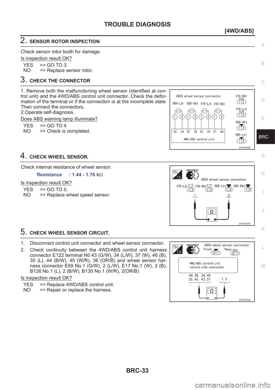 NISSAN X-TRAIL 2001  Service Repair Manual TROUBLE DIAGNOSIS
BRC-33
[4WD/ABS]
C
D
E
G
H
I
J
K
L
MA
B
BRC
2.SENSOR ROTOR INSPECTION
Check sensor rotor tooth for damage.
Is inspection result OK?
YES >> GO TO 3.
NO >> Replace sensor rotor.
3.CHEC