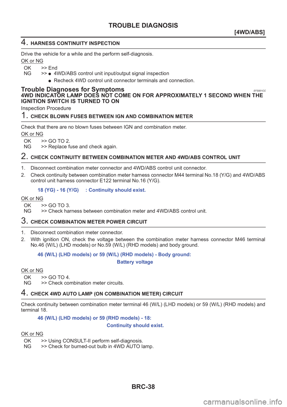 NISSAN X-TRAIL 2001  Service Repair Manual BRC-38
[4WD/ABS]
TROUBLE DIAGNOSIS
4. HARNESS CONTINUITY INSPECTION
Drive the vehicle for a while and the perform self-diagnosis.
OK or NG
OK >> End
NG >>
●4WD/ABS control unit input/output signal i