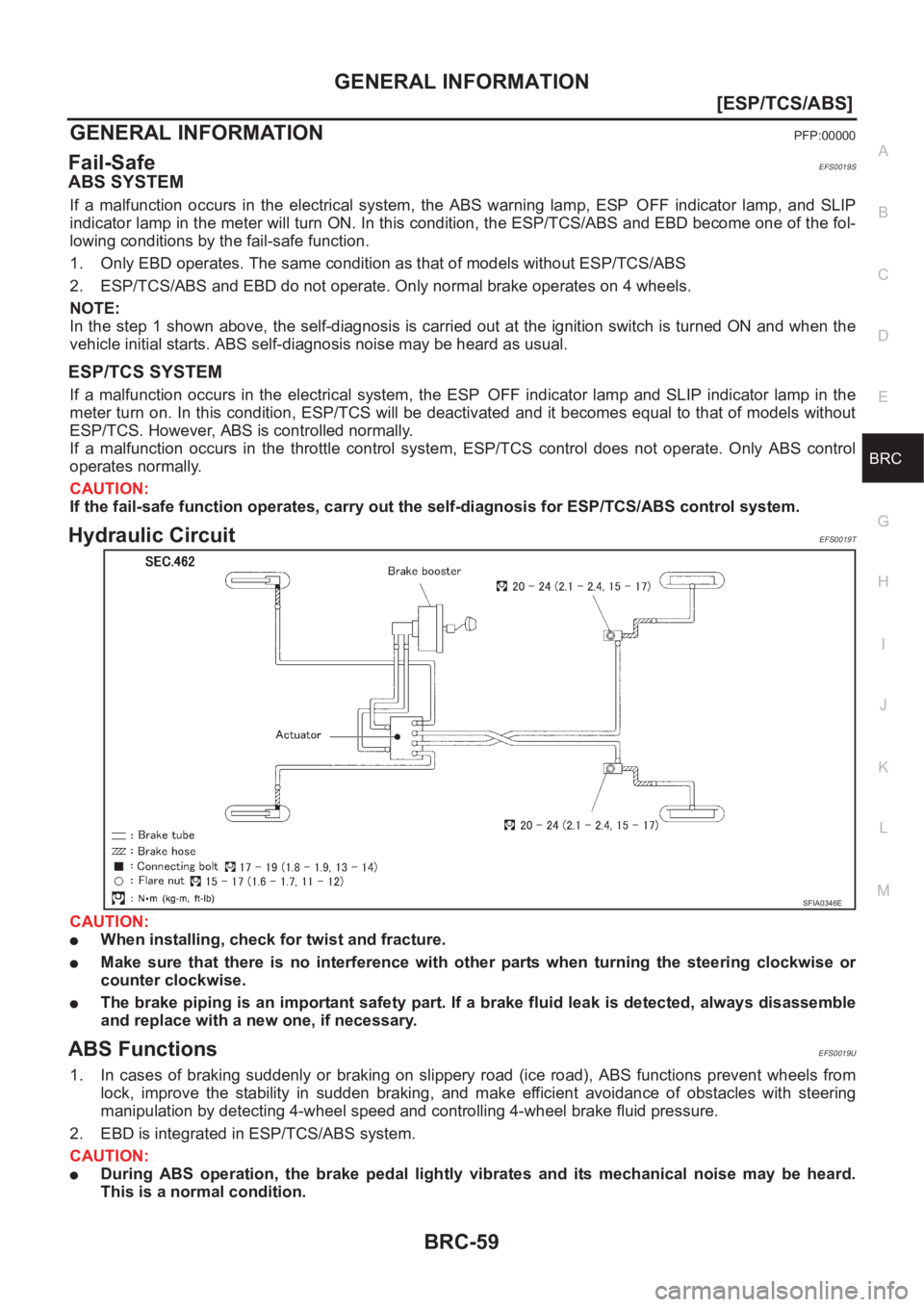 NISSAN X-TRAIL 2001  Service Repair Manual GENERAL INFORMATION
BRC-59
[ESP/TCS/ABS]
C
D
E
G
H
I
J
K
L
MA
B
BRC
GENERAL INFORMATIONPFP:00000
Fail-SafeEFS0019S
ABS SYSTEM
If  a  malfunction  occurs  in  the  electrical  system,  the  ABS  warnin