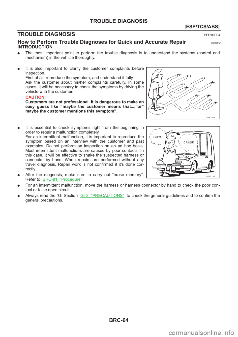 NISSAN X-TRAIL 2001  Service Repair Manual BRC-64
[ESP/TCS/ABS]
TROUBLE DIAGNOSIS
TROUBLE DIAGNOSIS
PFP:00004
How to Perform Trouble Diagnoses for Quick and Accurate RepairEFS001A2
INTRODUCTION
●The  most  important  point  to  perform  the 