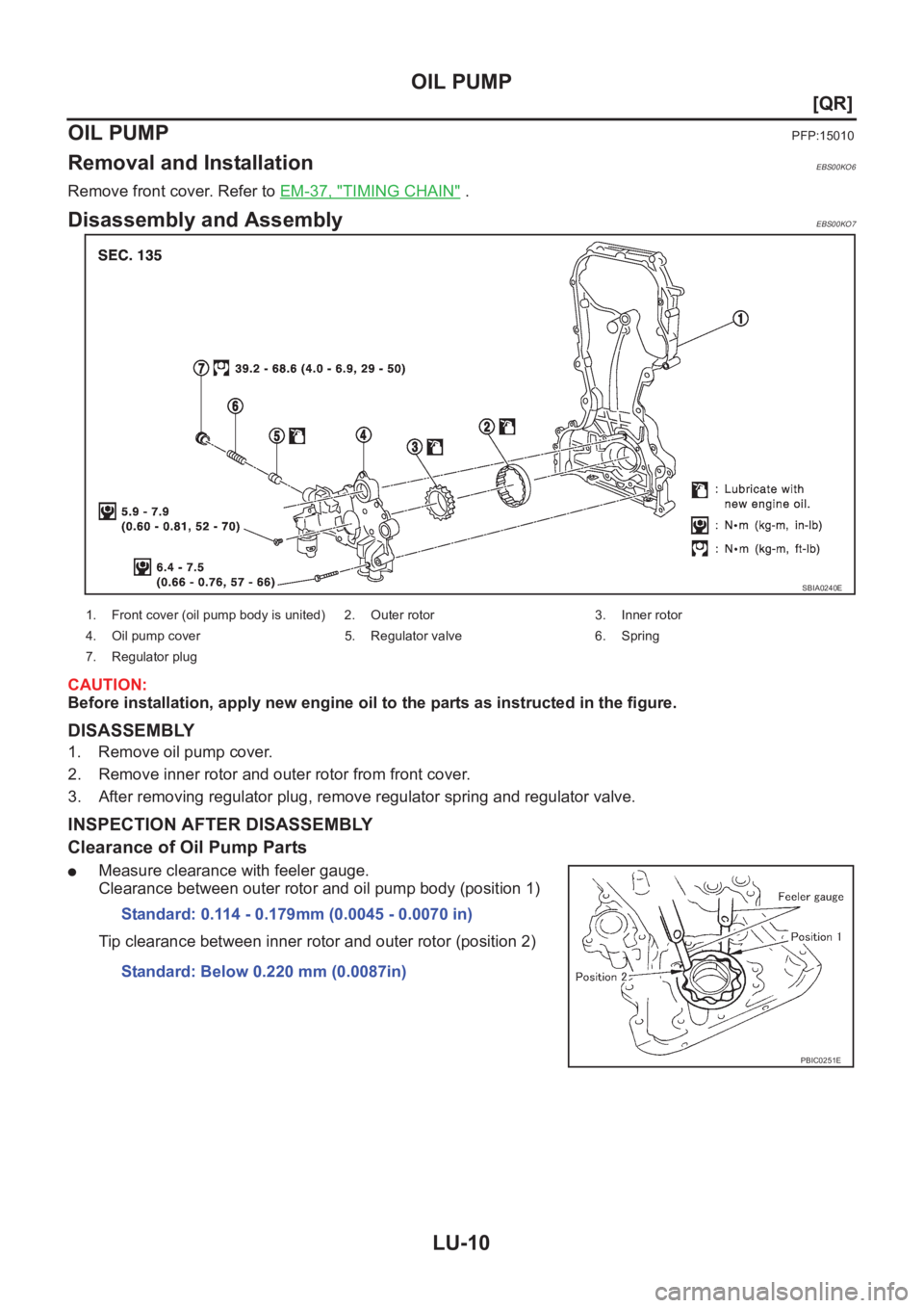 NISSAN X-TRAIL 2001  Service Repair Manual LU-10
[QR]
OIL PUMP
OIL PUMP
PFP:15010
Removal and InstallationEBS00KO6
Remove front cover. Refer to EM-37, "TIMING CHAIN" .
Disassembly and AssemblyEBS00KO7
CAUTION:
Before installation, appl