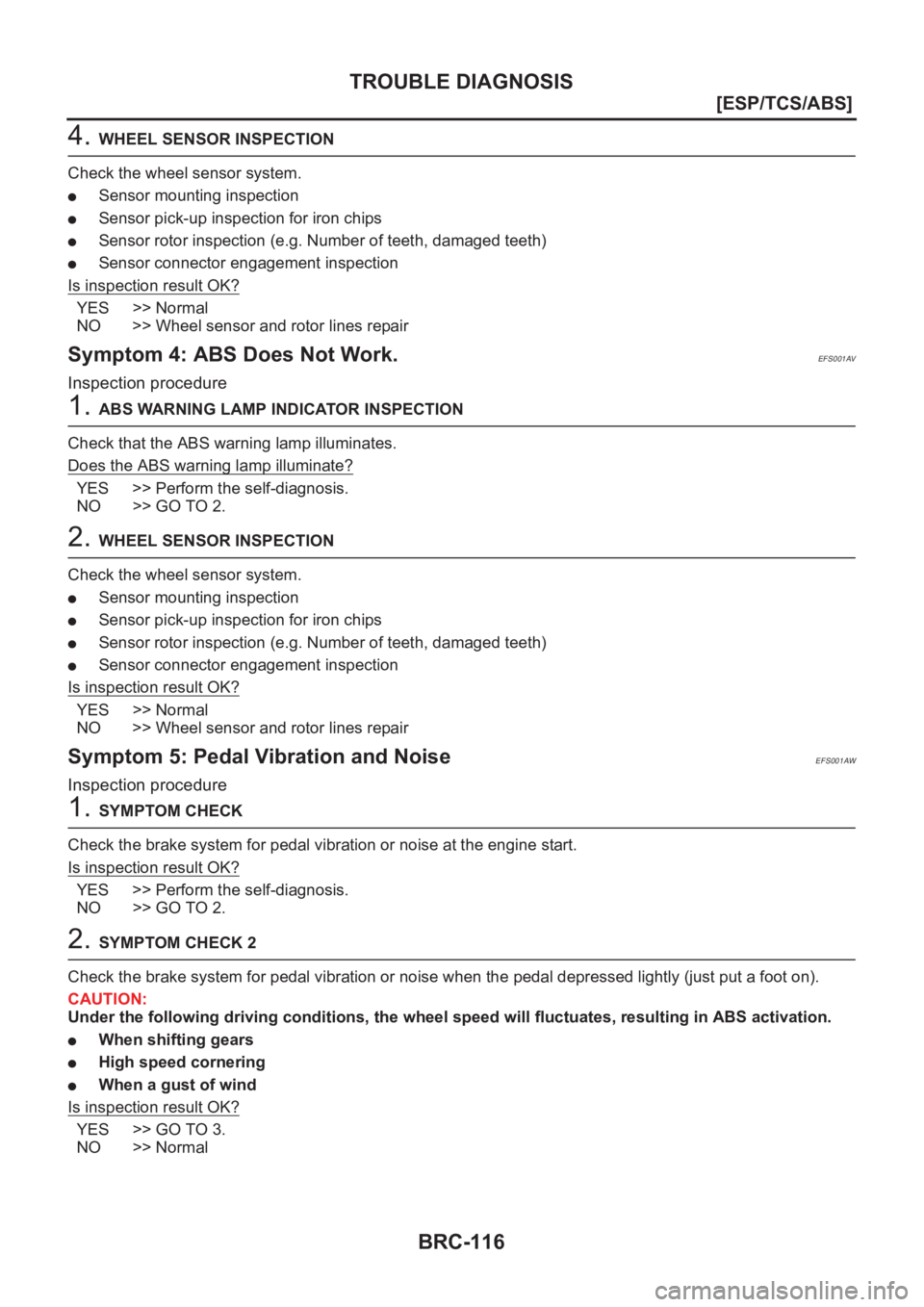 NISSAN X-TRAIL 2001  Service Repair Manual BRC-116
[ESP/TCS/ABS]
TROUBLE DIAGNOSIS
4. WHEEL SENSOR INSPECTION
Check the wheel sensor system.
●Sensor mounting inspection
●Sensor pick-up inspection for iron chips
●Sensor rotor inspection (